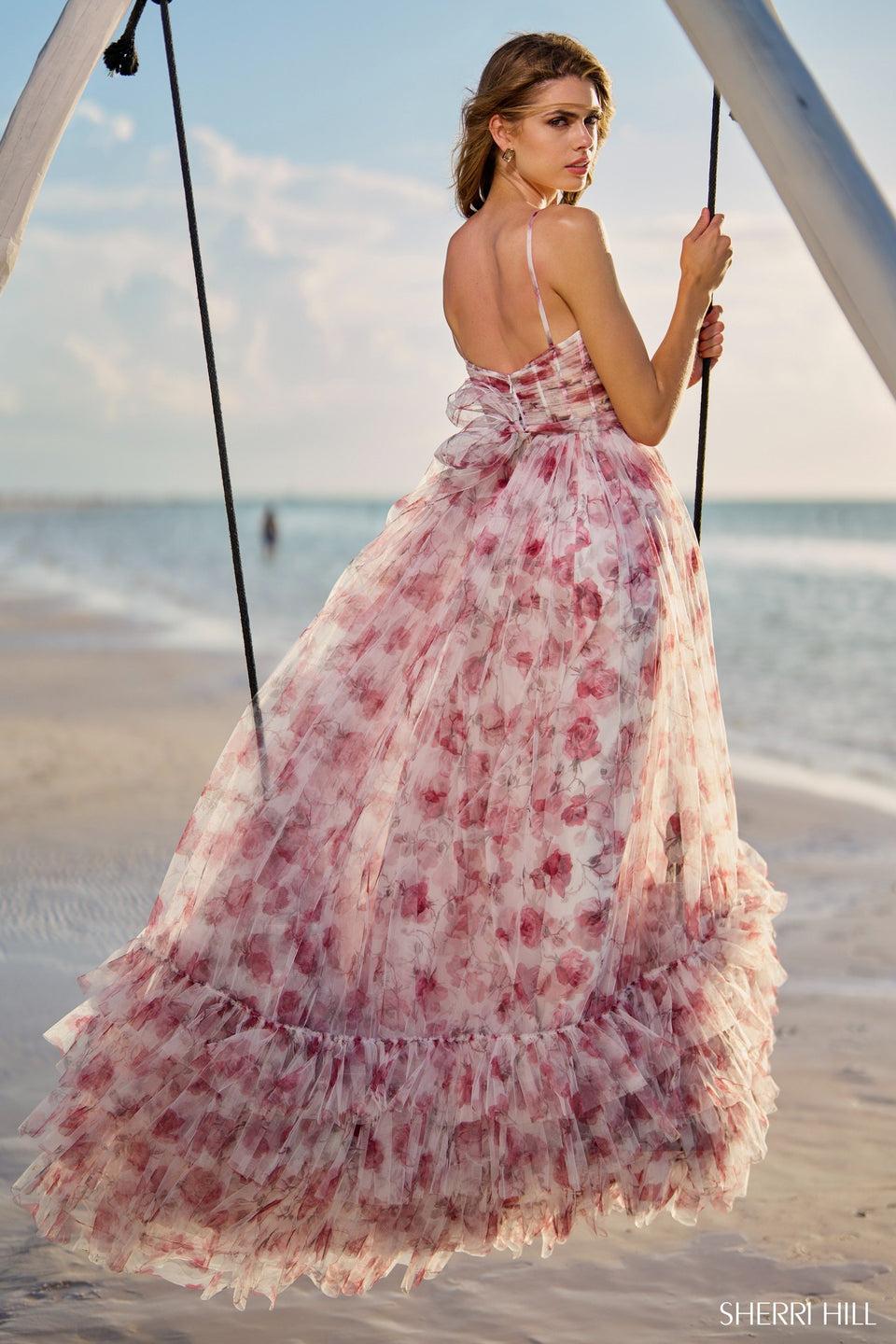 Sherri Hill Tulle A-line Floral Gown With Keyhole Rosette Embellishment And A Tiered Ruffle Skirt Hem