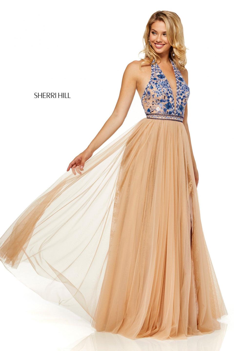 Sherri Hill Tulle A-line Gown With A Embroidered Halter Bodice