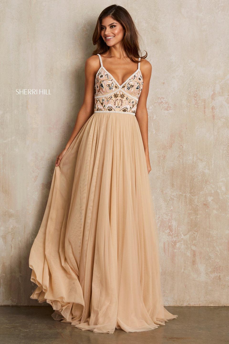 sherri hill Tulle A-line gown with a multi beaded V-neck bodice
