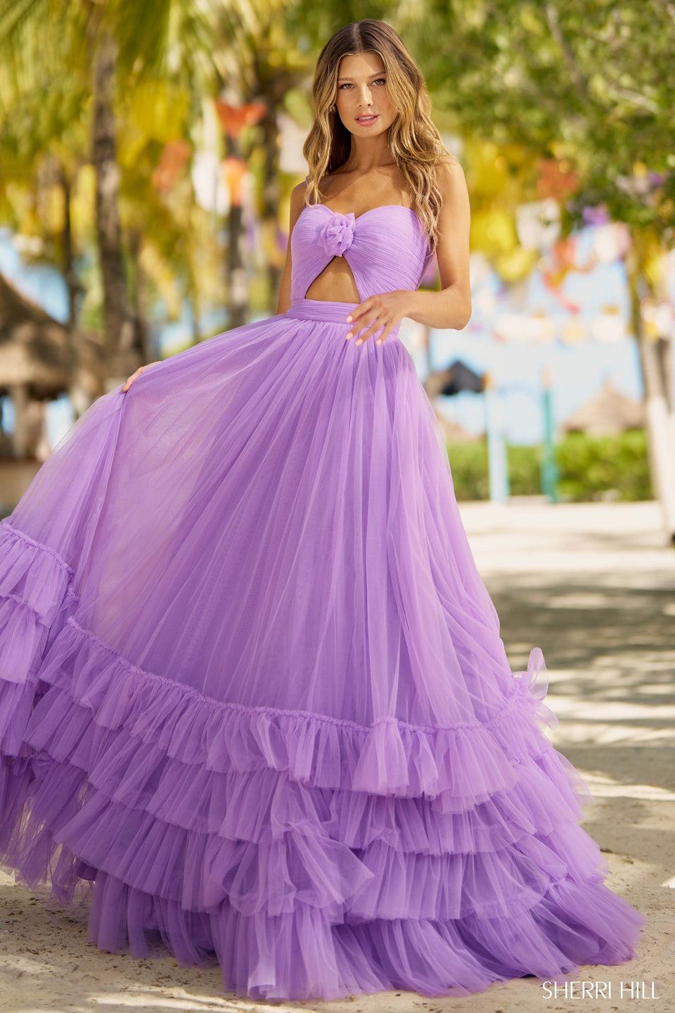 Sherri Hill Tulle A-line Gown With Keyhole Rosette Embellishment And A Tiered Ruffle Skirt Hem