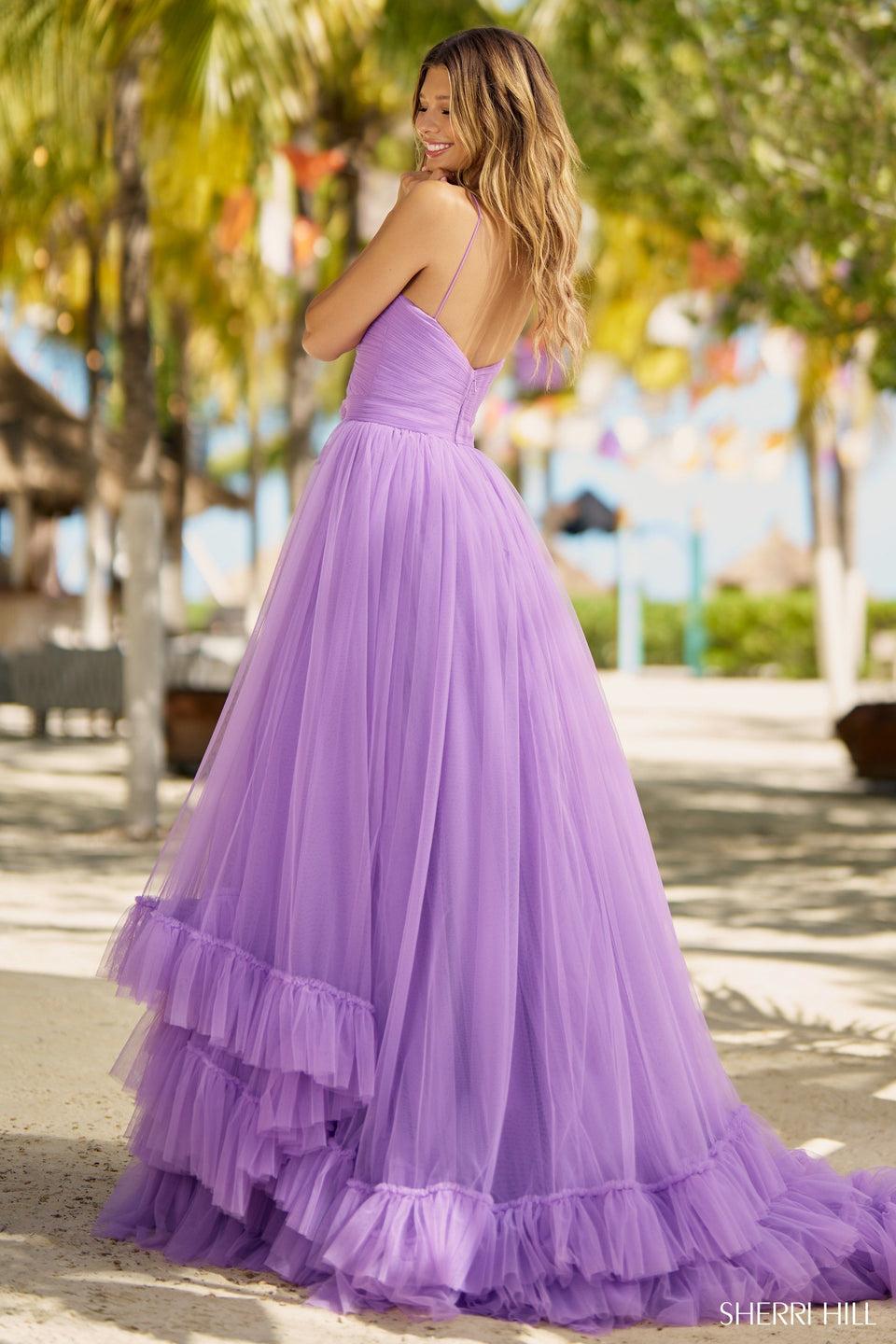 Sherri Hill Tulle A-line Gown With Keyhole Rosette Embellishment And A Tiered Ruffle Skirt Hem