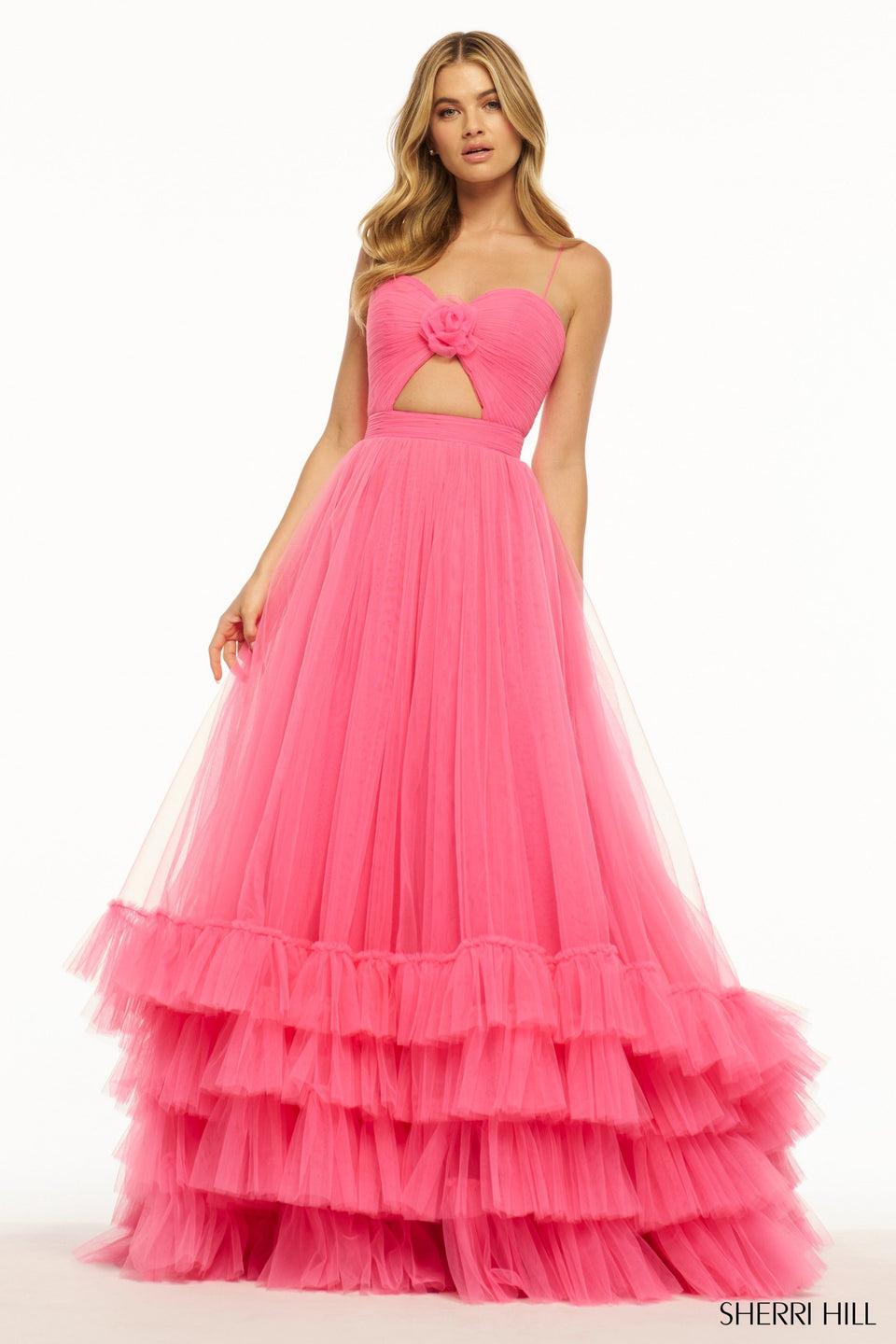Sherri Hill Tulle A-line Gown With Keyhole Rosette Embellishment And A Tiered Ruffle Skirt Hem