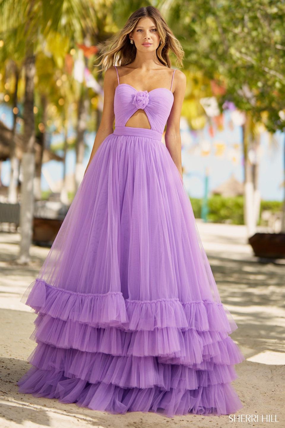 sherri hill Tulle A-line gown with keyhole rosette embellishment and a tiered ruffle skirt hem