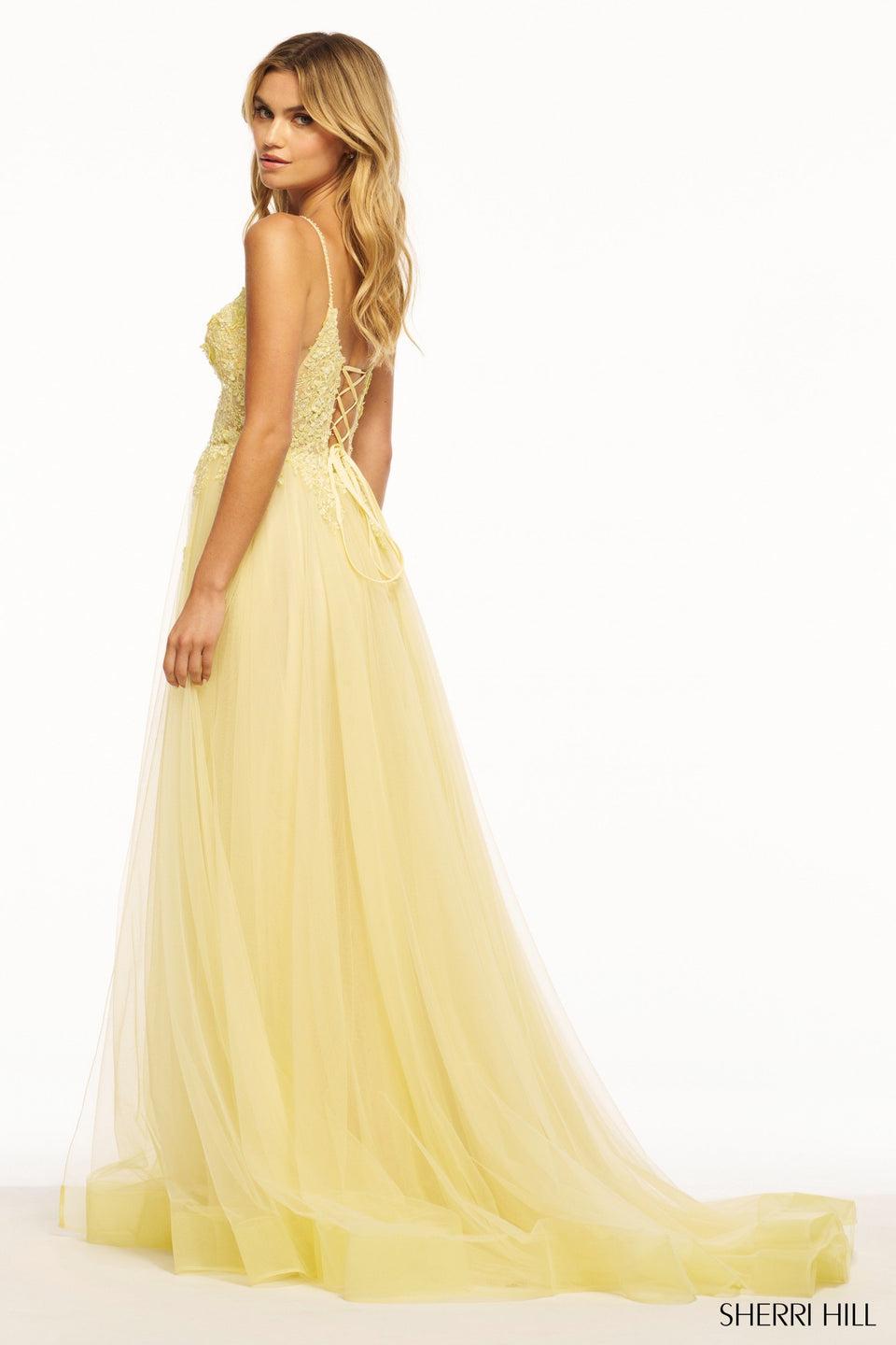 Sherri Hill Tulle A-Line Gown With Lace Bodice And Lace Up Back