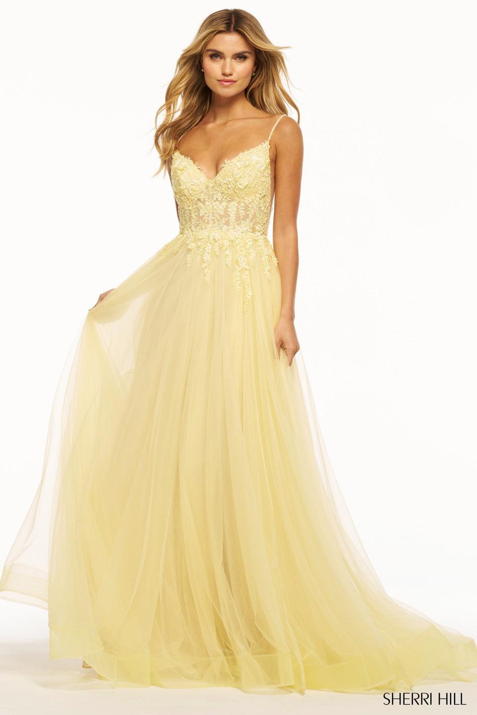 sherri hill Tulle A-Line gown with lace bodice and lace up back