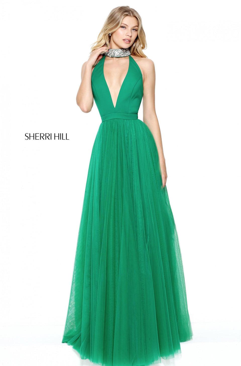 Sherri Hill Tulle A-line Gown With Plunging Halter Neckline And Beaded Neck Band