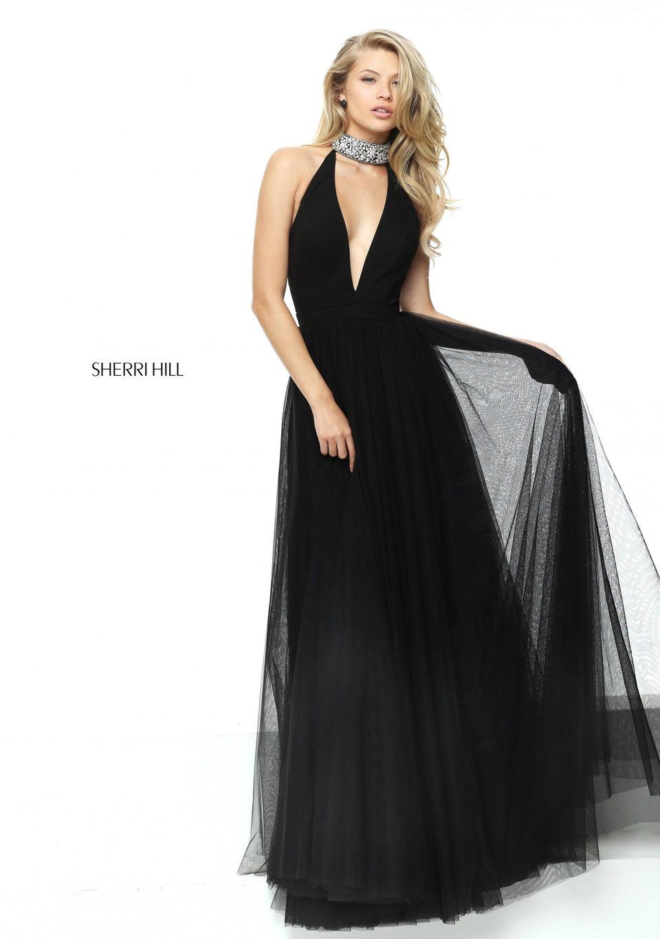 sherri hill Tulle A-line gown with plunging halter neckline and beaded neck band