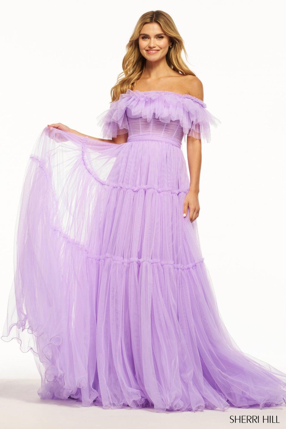 Sherri Hill Tulle A-line Off The Shoulder Gown With Tiered Skirt And A Corset Bodice With Ruffle Embellished Top