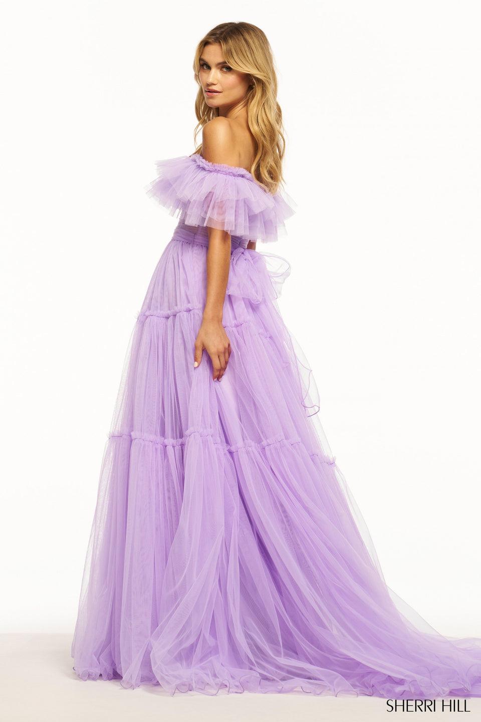 Sherri Hill Tulle A-line Off The Shoulder Gown With Tiered Skirt And A Corset Bodice With Ruffle Embellished Top