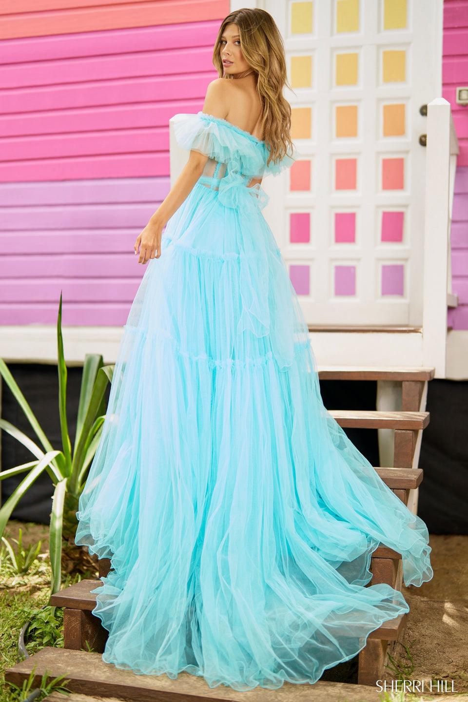 Sherri Hill Tulle A-line Off The Shoulder Gown With Tiered Skirt And A Corset Bodice With Ruffle Embellished Top