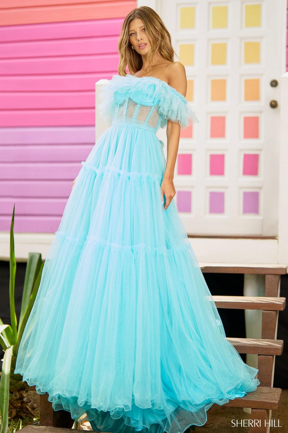 sherri hill Tulle A-line off the shoulder gown with tiered skirt and a corset bodice with ruffle embellished top