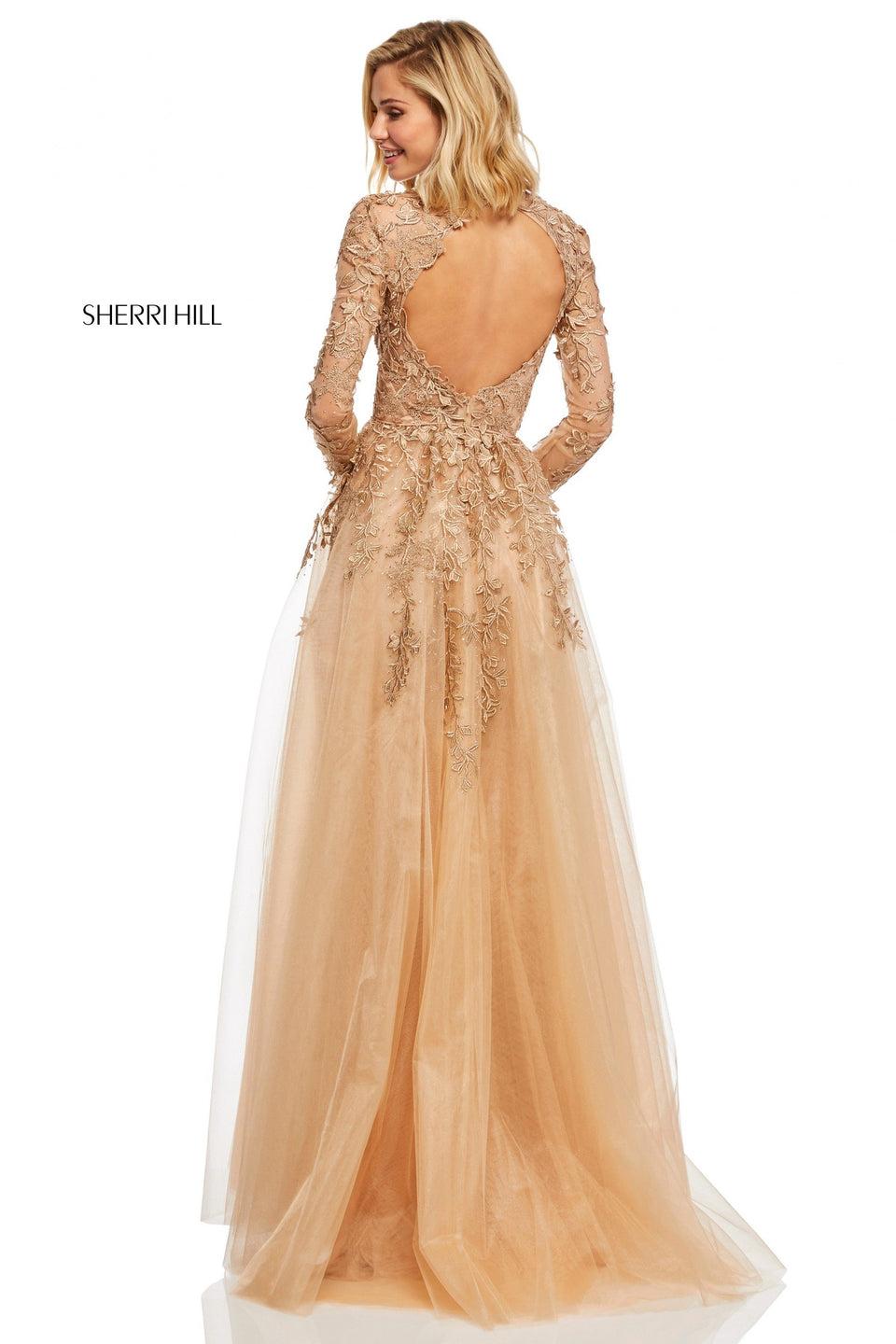 Sherri Hill Tulle A-line With An Open Back Long Sleeves Plunging Neckline Jewel Accents And Metallic Leaf Embroidery Detailing