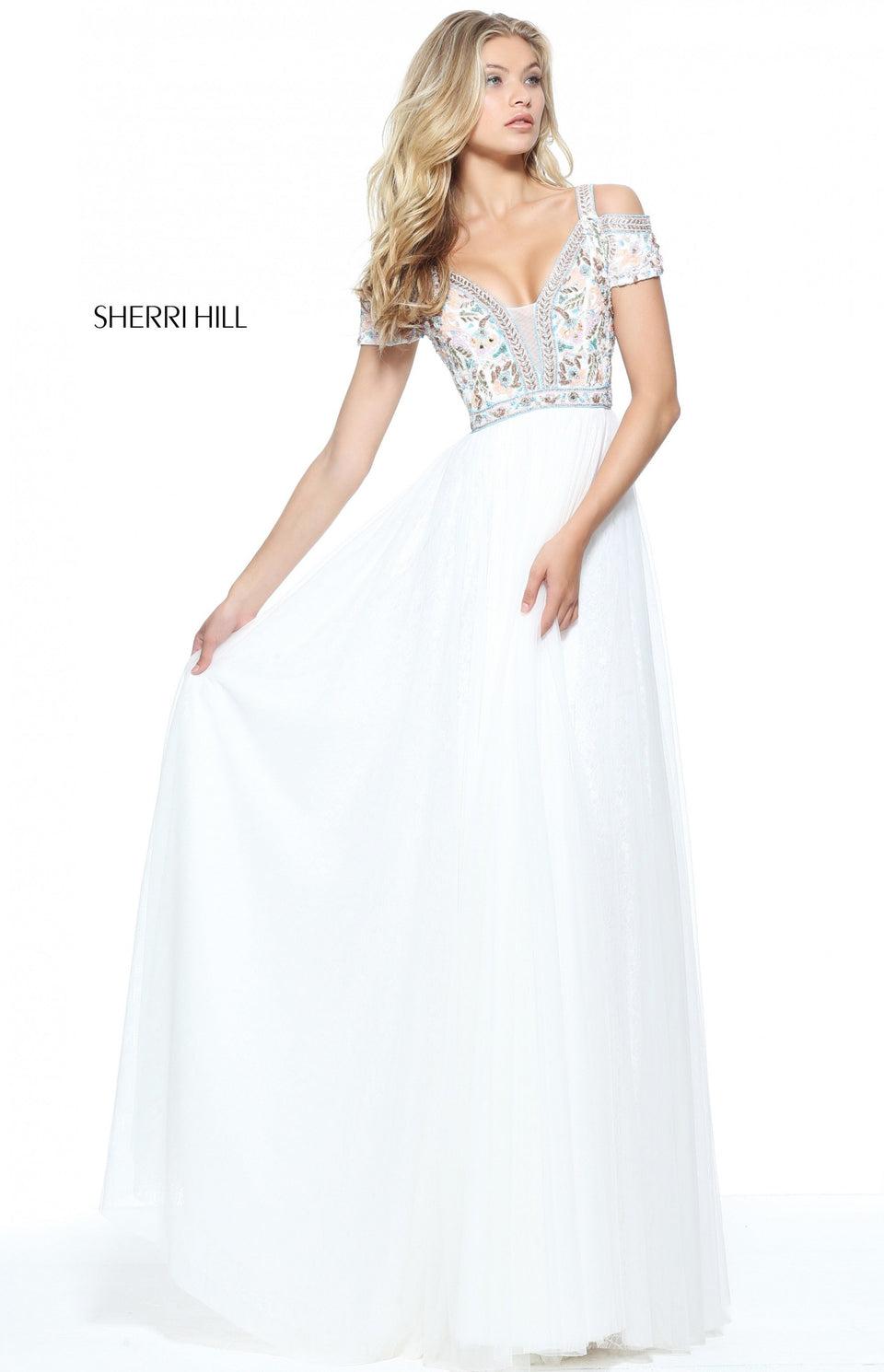 Sherri Hill Tulle And Lace A-line Gown With An Off-the-shoulder Beaded Bodice