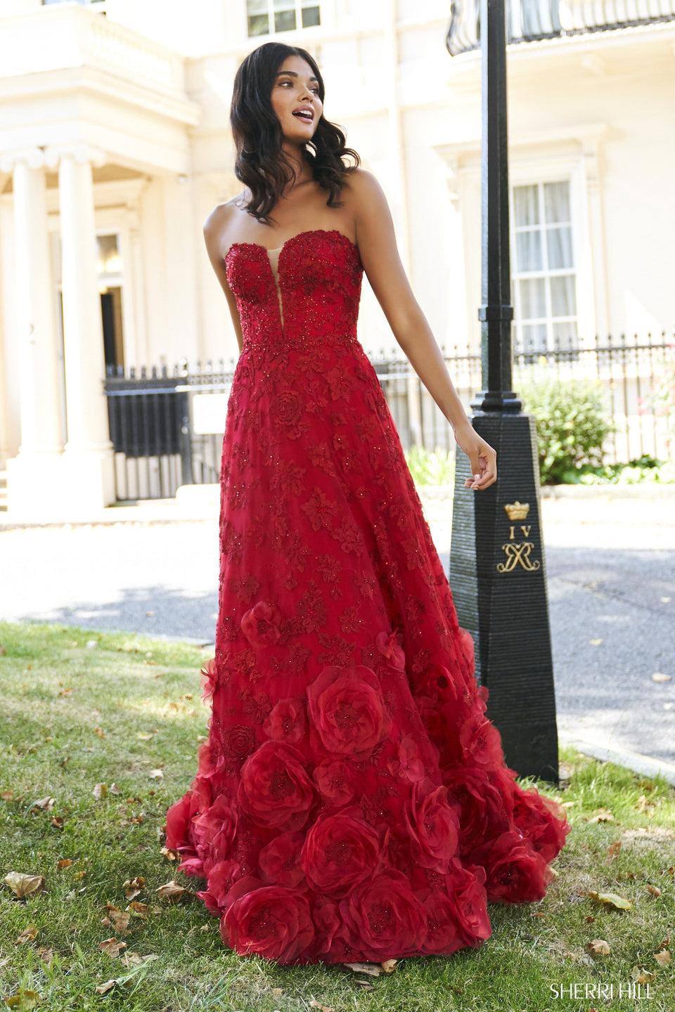 Sherri Hill Tulle And Lace A-line Strapless Dress With Embellishments And 3D Floral Detailing