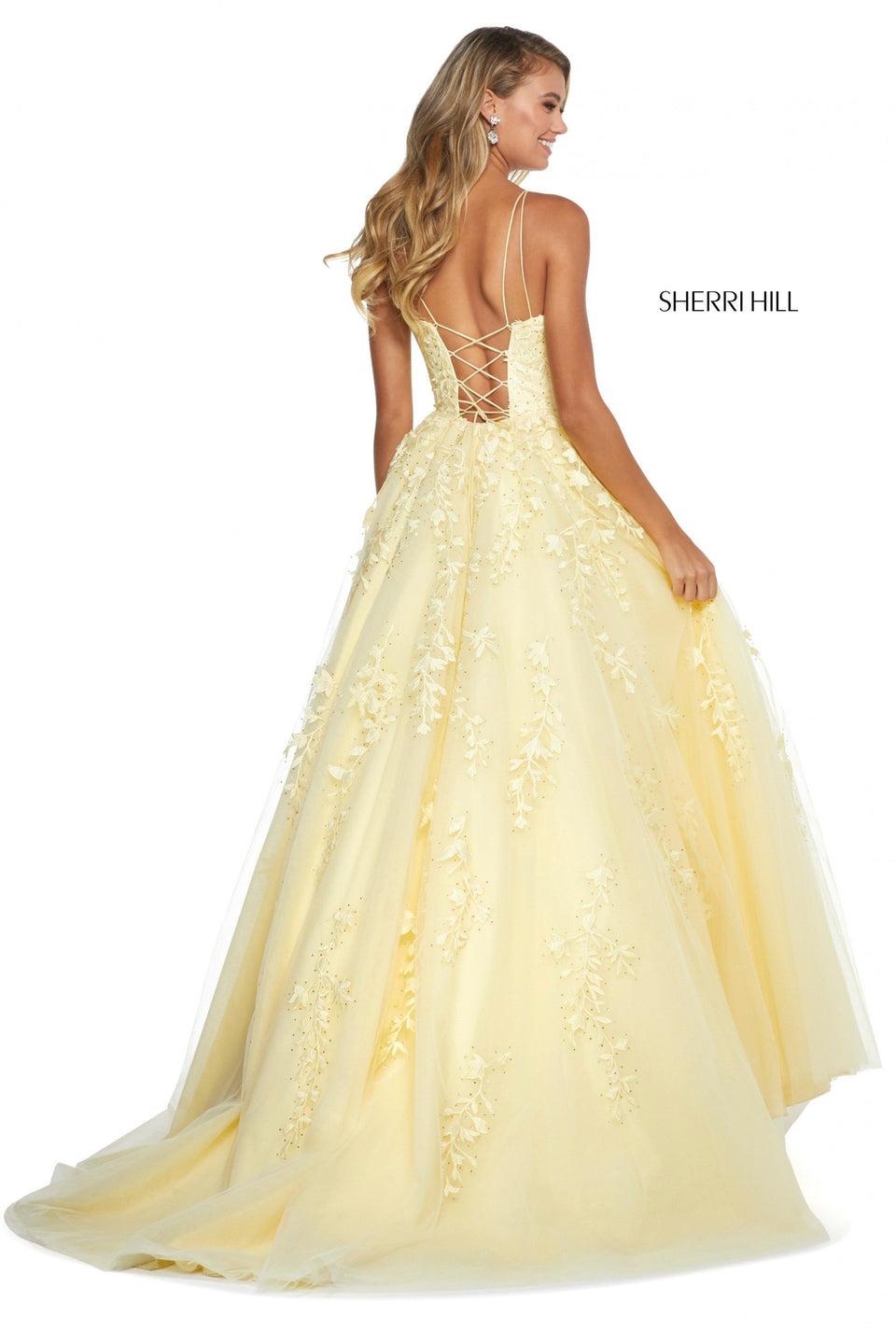 Sherri Hill Tulle And Leaf Lace Embroidered Ball Gown With Rhinestones And Corset Style Lace Up Back