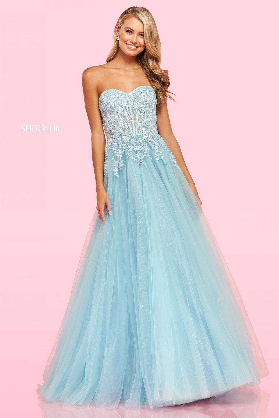 sherri hill Tulle ball gown dress with strapless neckline and lace corset top