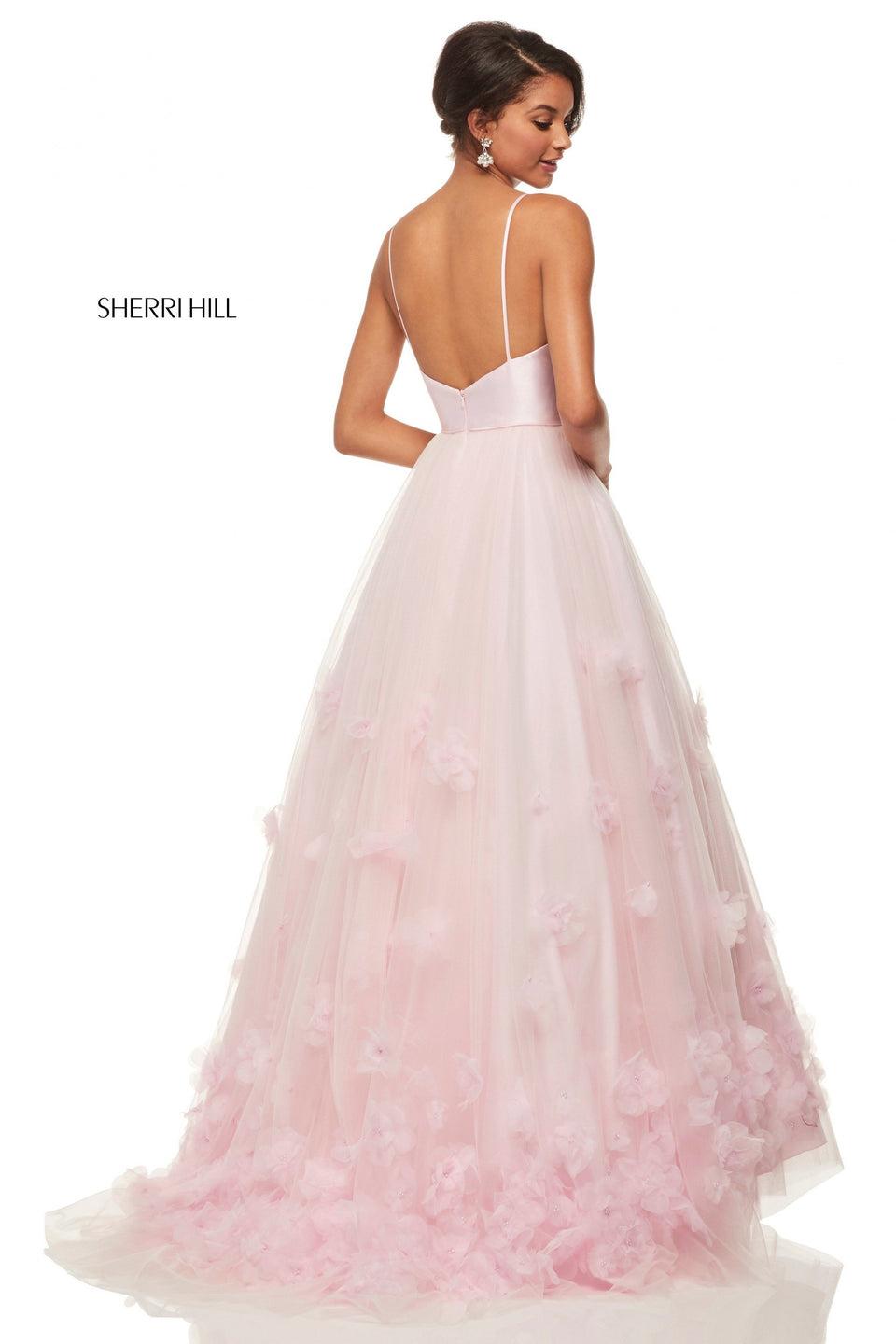 Sherri Hill Tulle Ball Gown With 3D Flowers And A Mikado Spaghetti Strap Bodice