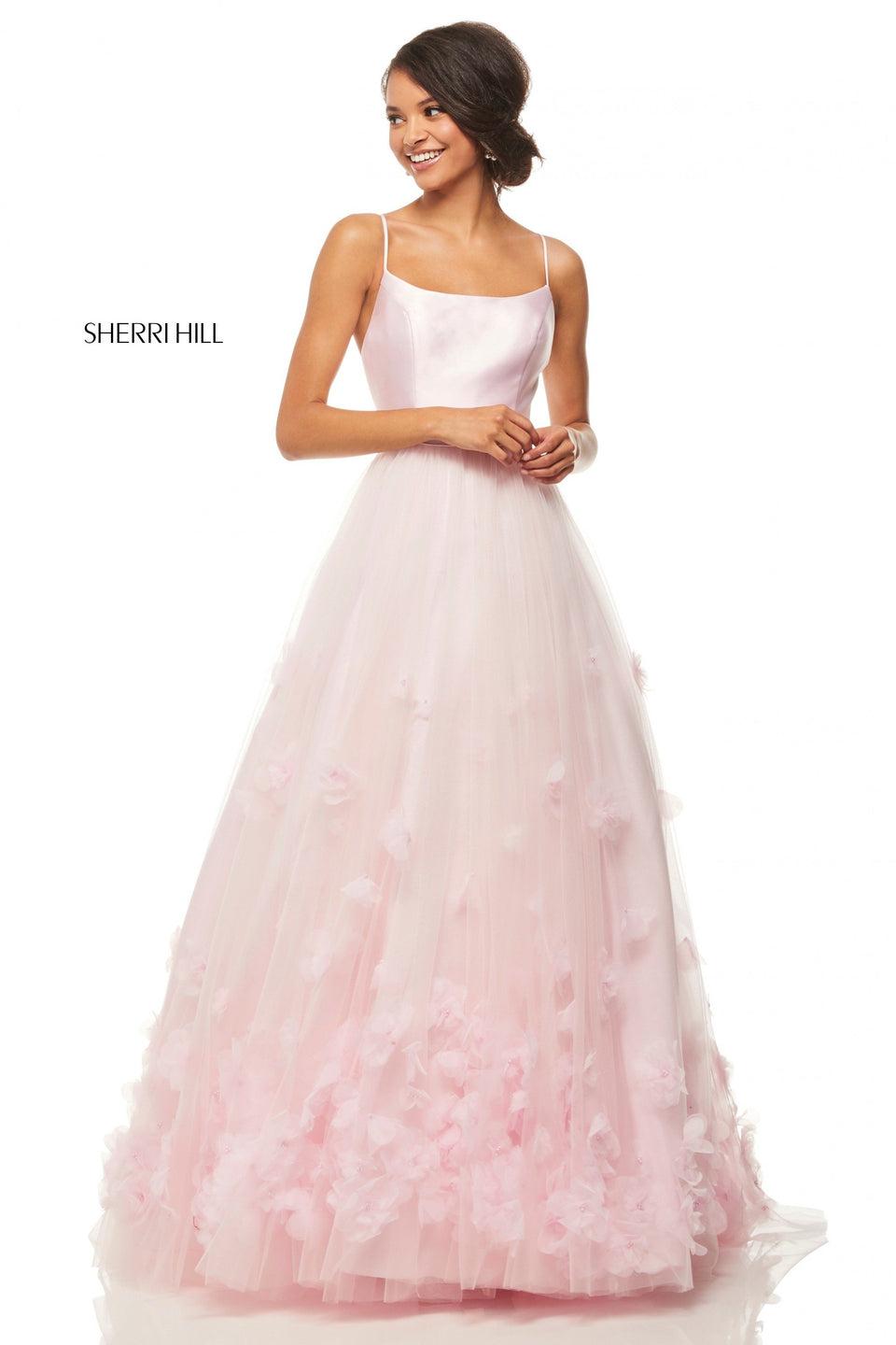 sherri hill Tulle ball gown with 3D flowers and a mikado spaghetti strap bodice