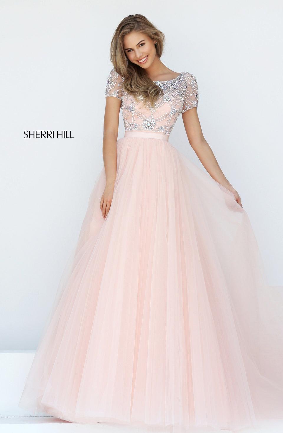 sherri hill Tulle ball gown with cap sleeves and a beaded bodice