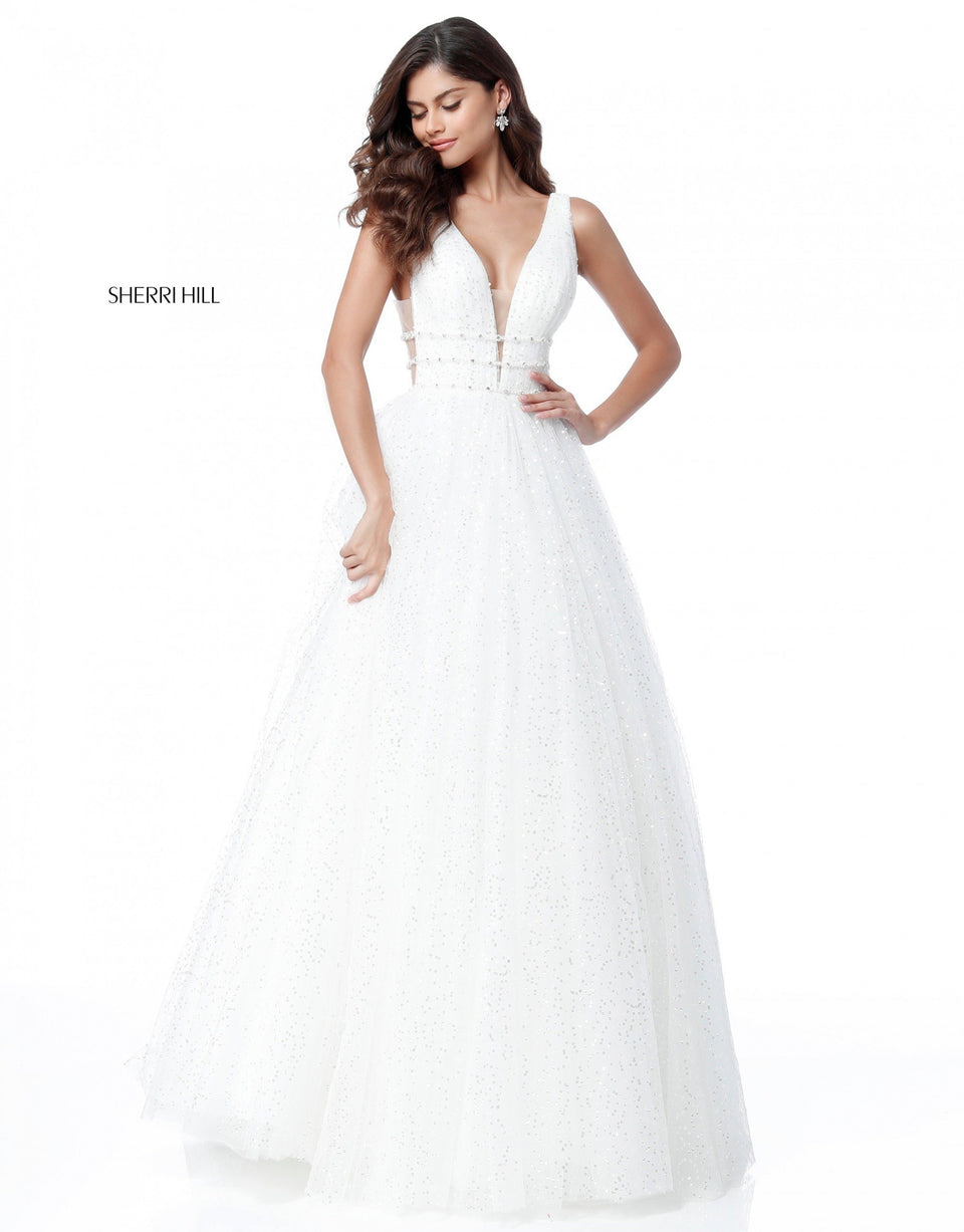 Sherri Hill Tulle Ball Gown With Deep V Low Back And Bead Details