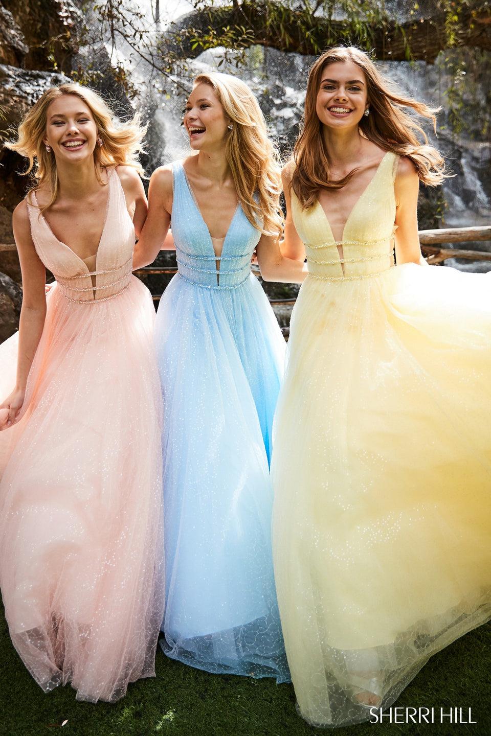 sherri hill Tulle ball gown with deep V low back and bead details