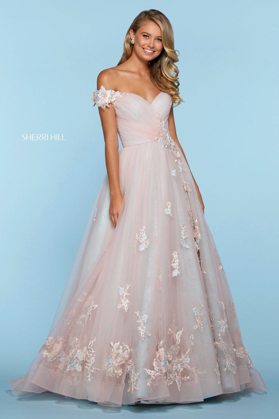sherri hill Tulle ball gown with embellished and embroidered appliques and off-the-shoulder sweetheart neckline