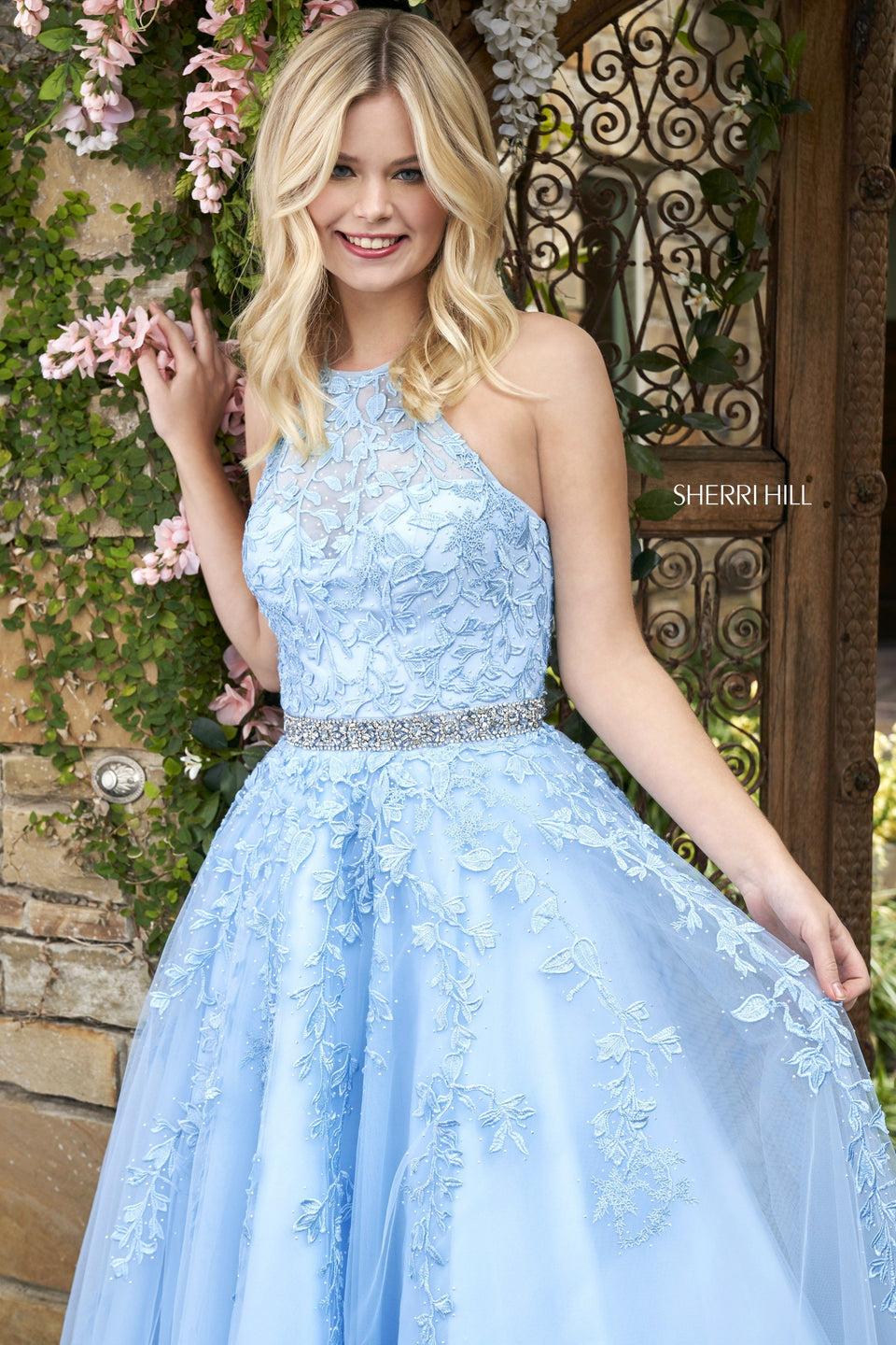 Sherri Hill Tulle Ball Gown With Embroidery Halter Neckline Beaded Belt And Lace Up Back