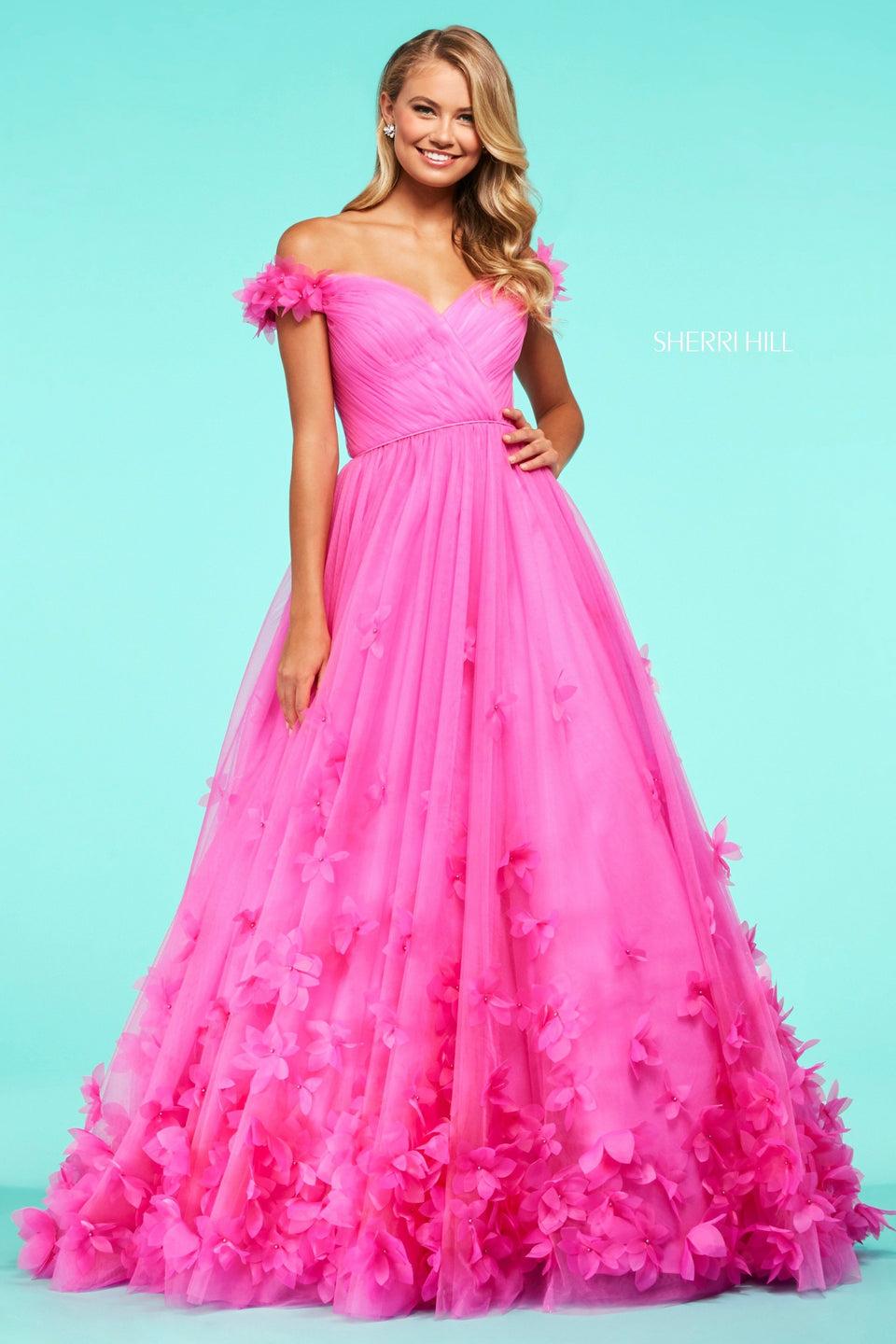 Sherri Hill Tulle Ball Gown With Flower Appliques And A Ruched Sweetheart Neckline Bodice