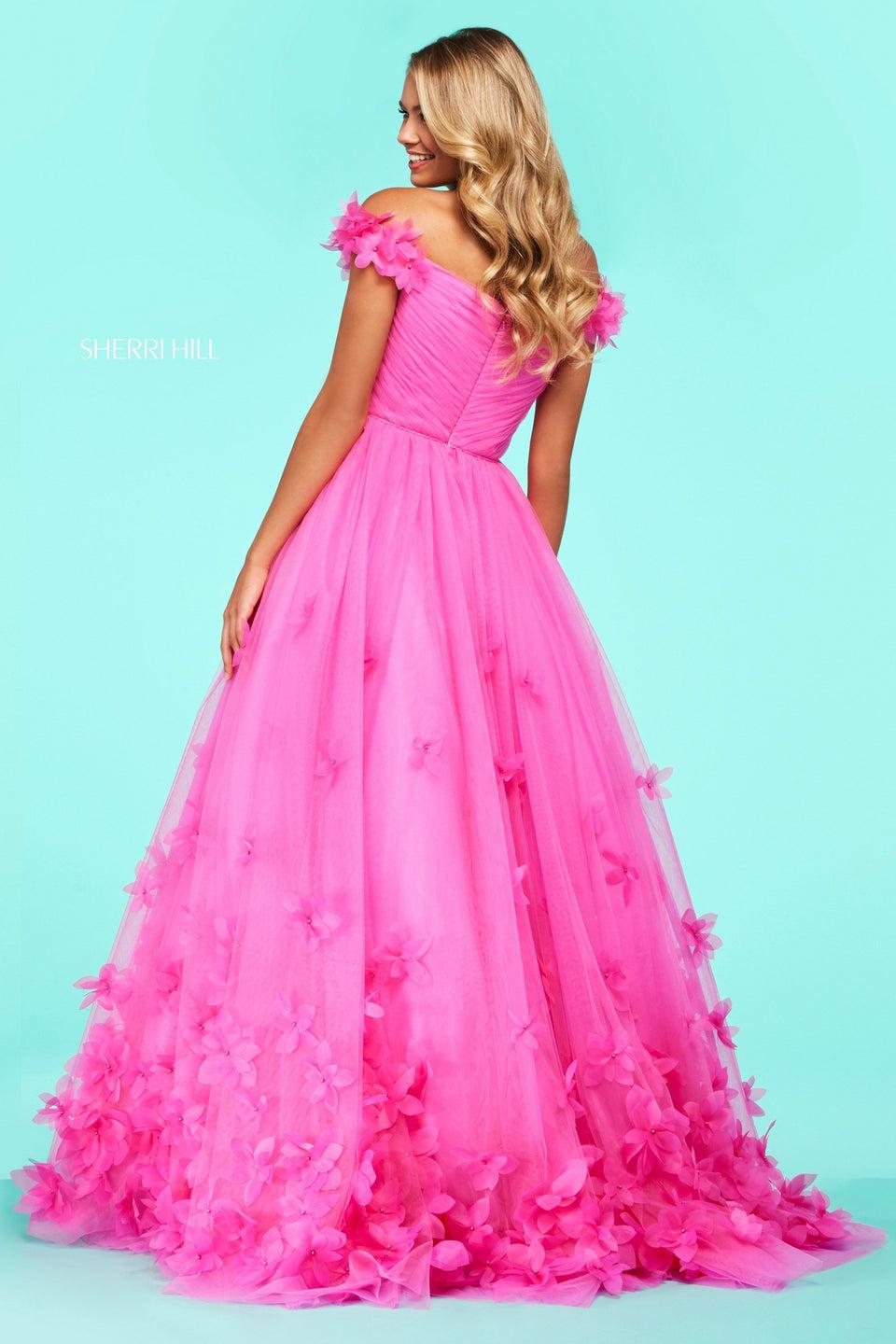 Sherri Hill Tulle Ball Gown With Flower Appliques And A Ruched Sweetheart Neckline Bodice