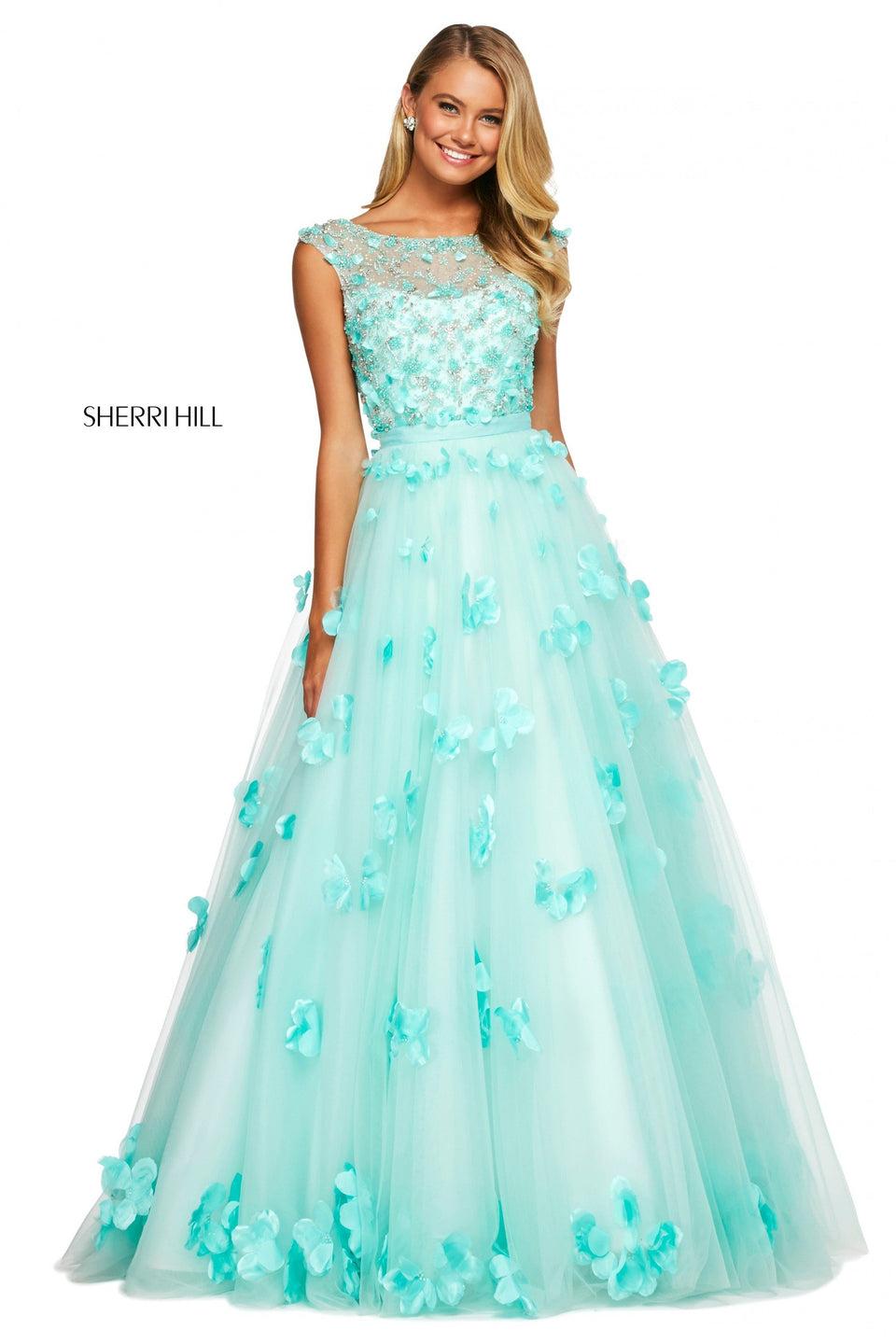 sherri hill Tulle ball gown with flower appliques and beaded cap sleeve bodice