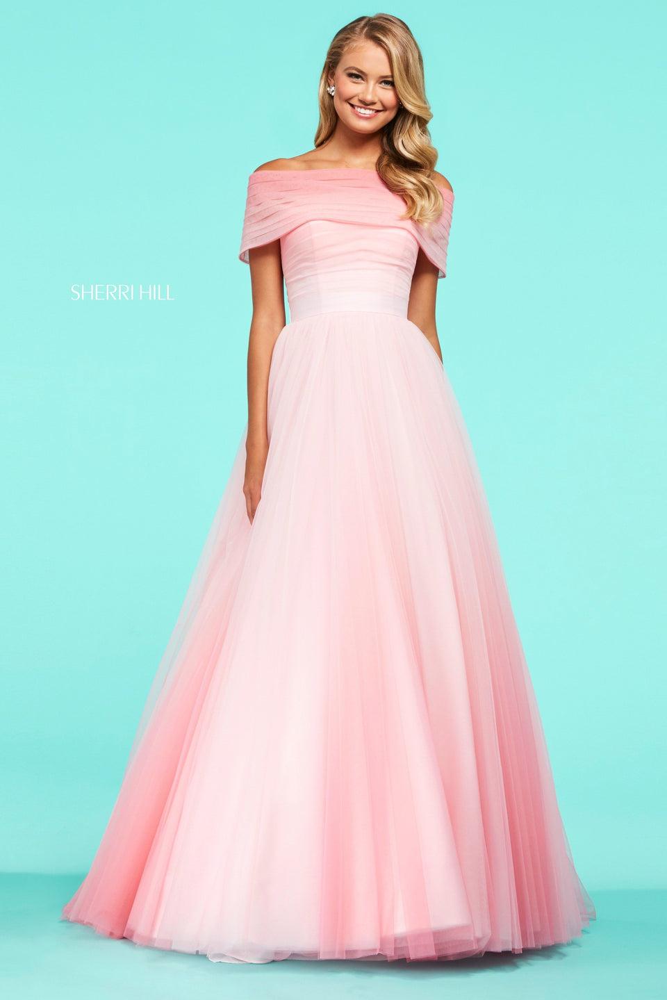 sherri hill Tulle ball gown with off-shoulder-neckline on a ruched bodice