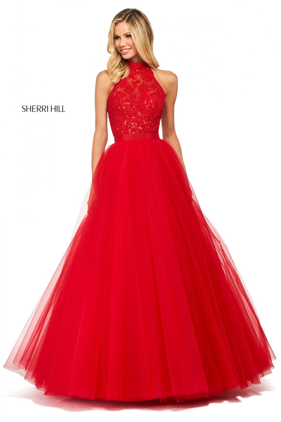 Sherri Hill Tulle Ball Gown With Sequin Lace High Cut Halter Neckline And Open Back