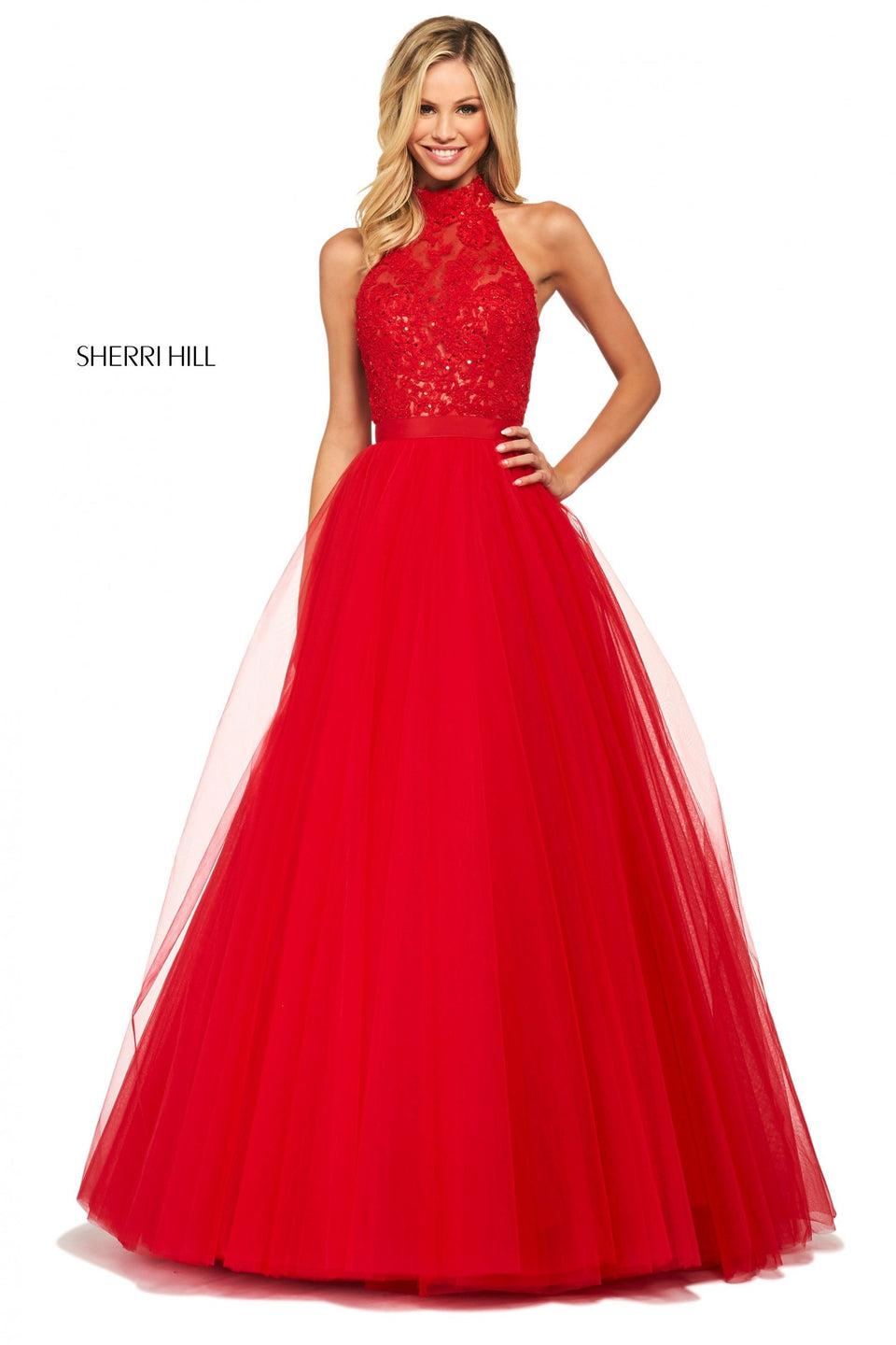 Sherri Hill Tulle Ball Gown With Sequin Lace High Cut Halter Neckline And Open Back