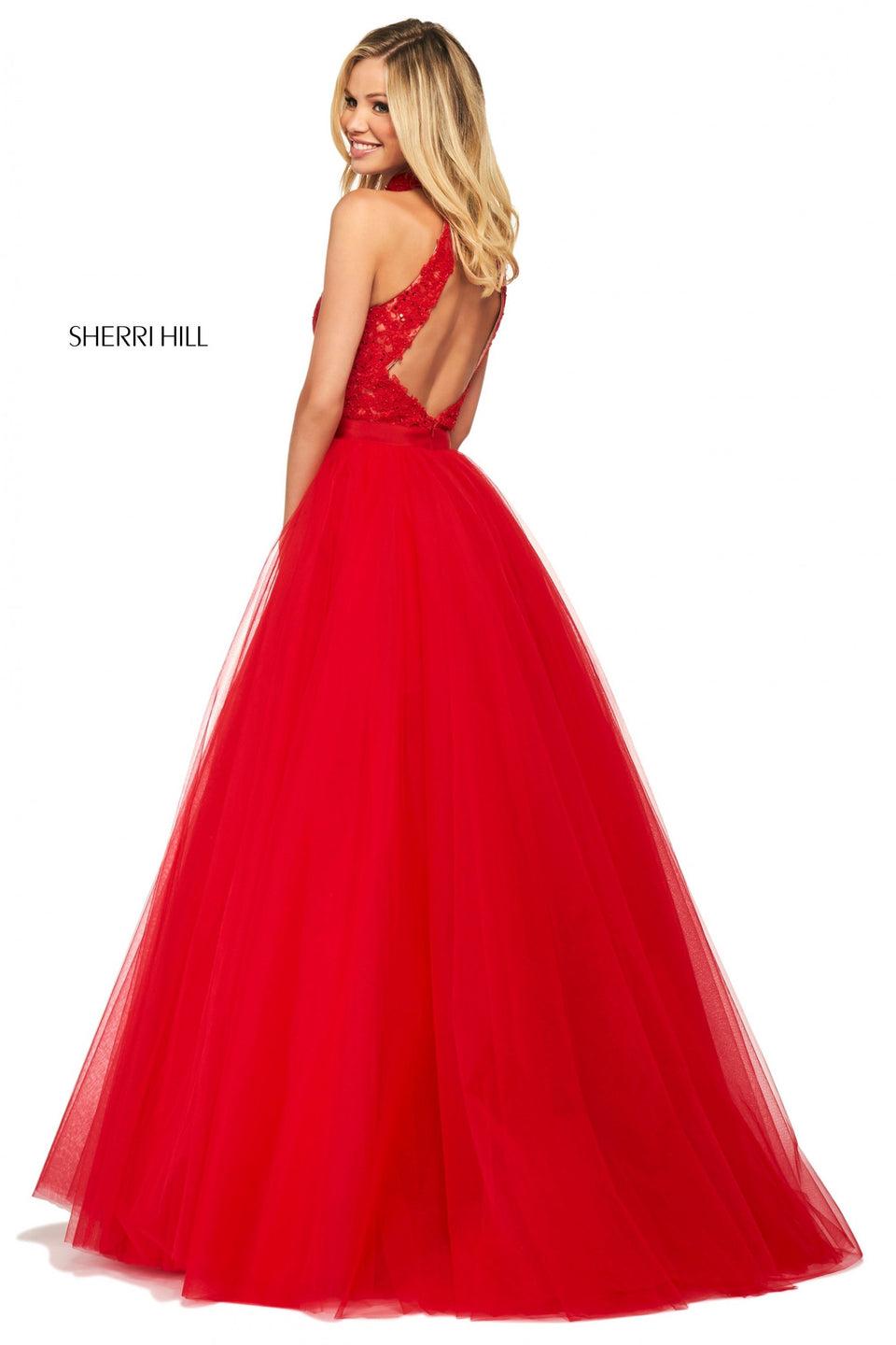 sherri hill Tulle ball gown with sequin lace high cut halter neckline and open back