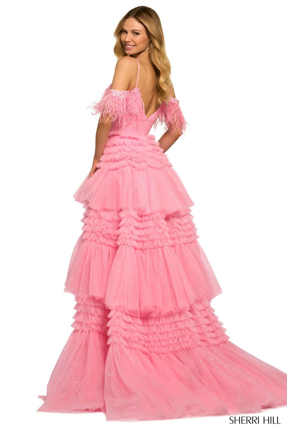 Sherri Hill Tulle Ball Gown With Tiered Ruffle Skirt Ruched Bodice Skirt Slit And Feathers Off The Shoulder