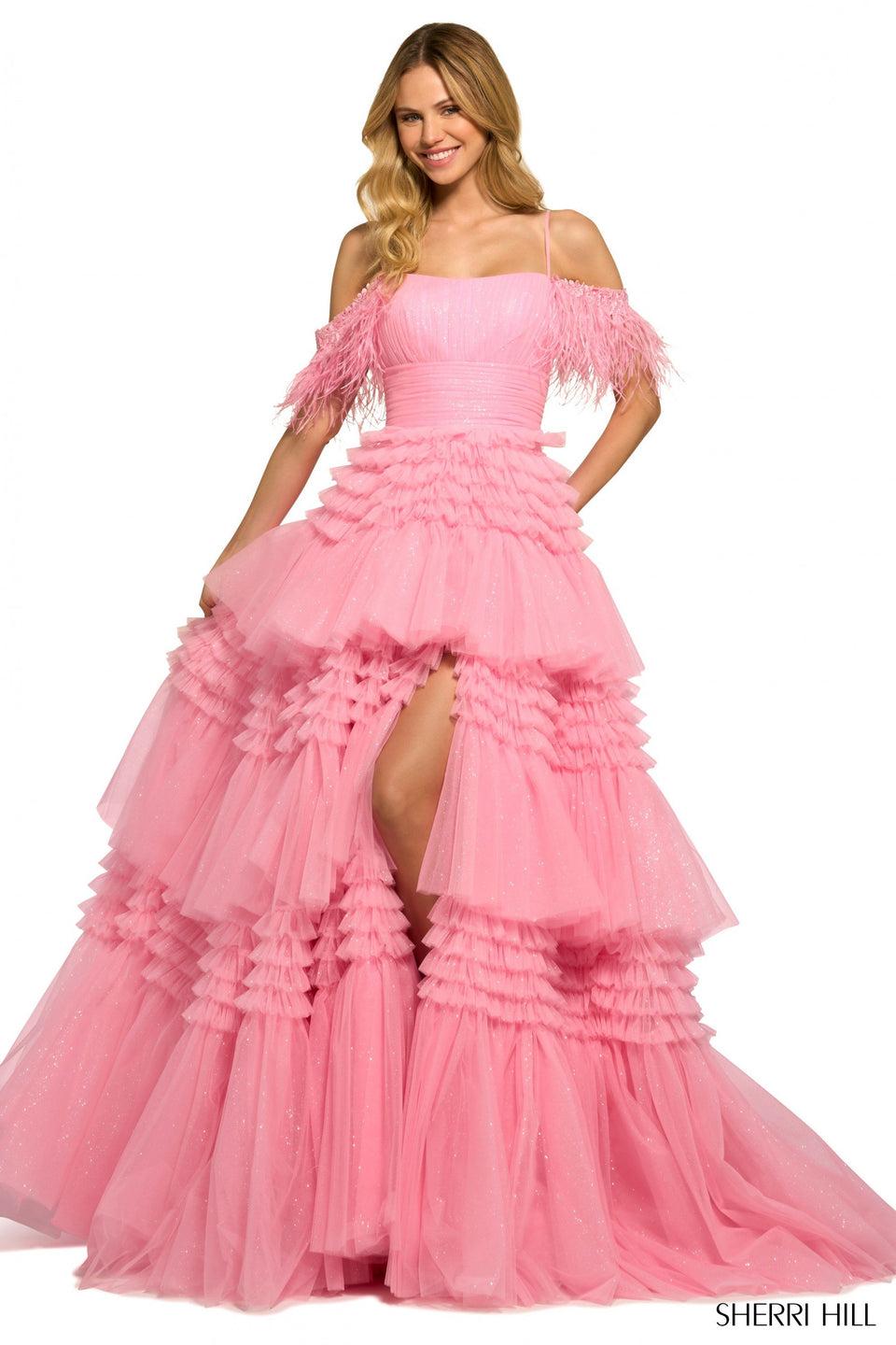 Sherri Hill Tulle Ball Gown With Tiered Ruffle Skirt Ruched Bodice Skirt Slit And Feathers Off The Shoulder