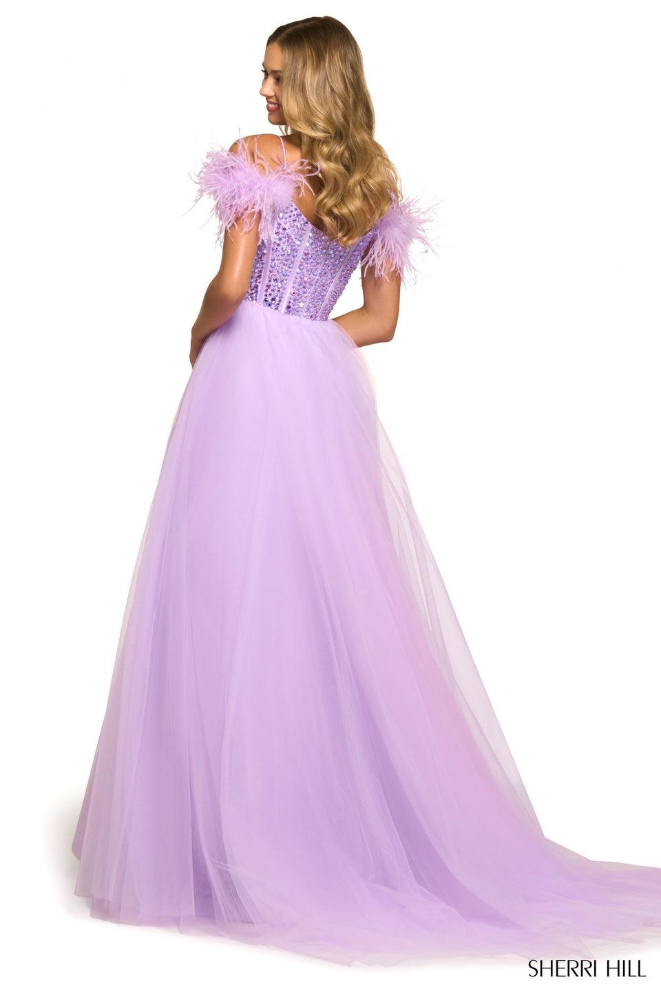 Sherri Hill Tulle Ballgown With Iridescent Beaded Corset Bodice And Feathered Sleeves