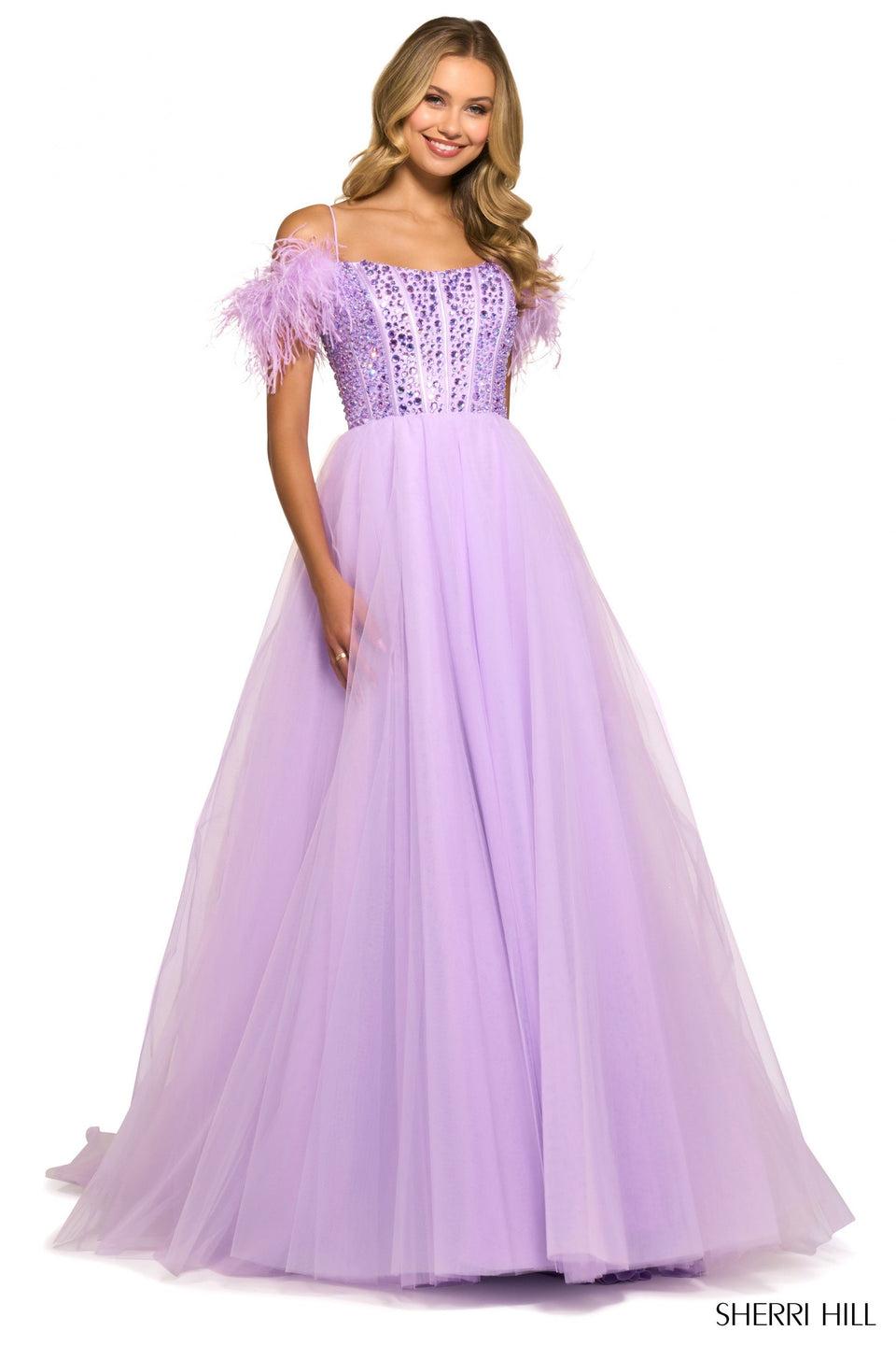 sherri hill Tulle ballgown with iridescent beaded corset bodice and feathered sleeves