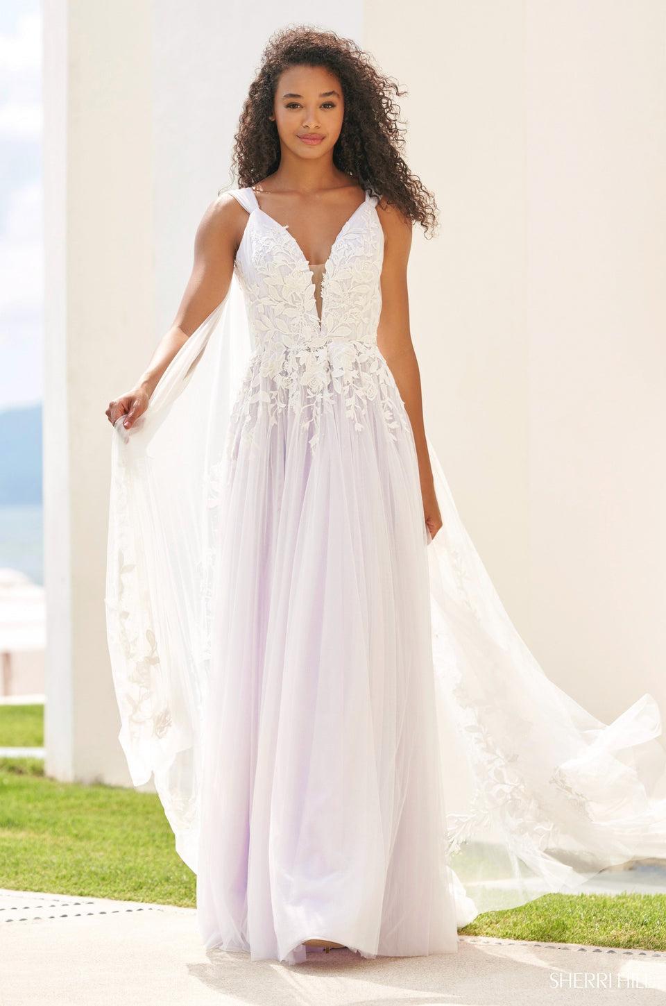 Sherri Hill Tulle Ballgown With Leaf Lace Embellishments Deep V-cut And Tulle Cape