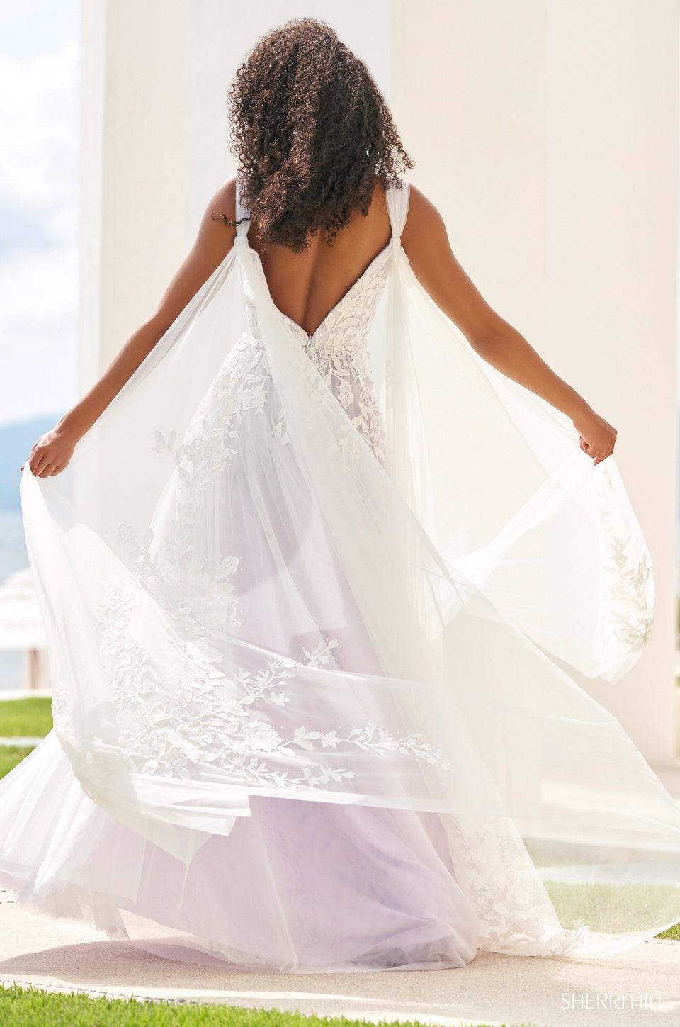 Sherri Hill Tulle Ballgown With Leaf Lace Embellishments Deep V-cut And Tulle Cape