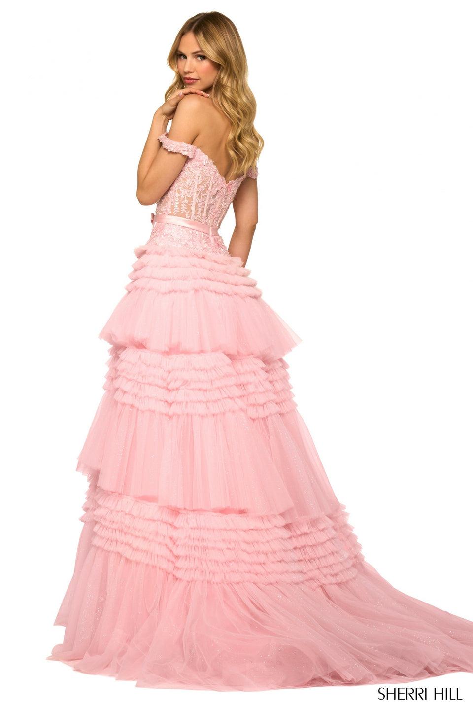 Sherri Hill Tulle Ballgown With Tiered Ruffle Skirt Lace Corset Bodice With Bow Deep V Illusion Neckline And Off The Shoulder Sleeves