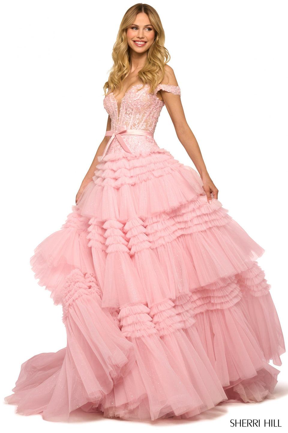 Sherri Hill Tulle Ballgown With Tiered Ruffle Skirt Lace Corset Bodice With Bow Deep V Illusion Neckline And Off The Shoulder Sleeves