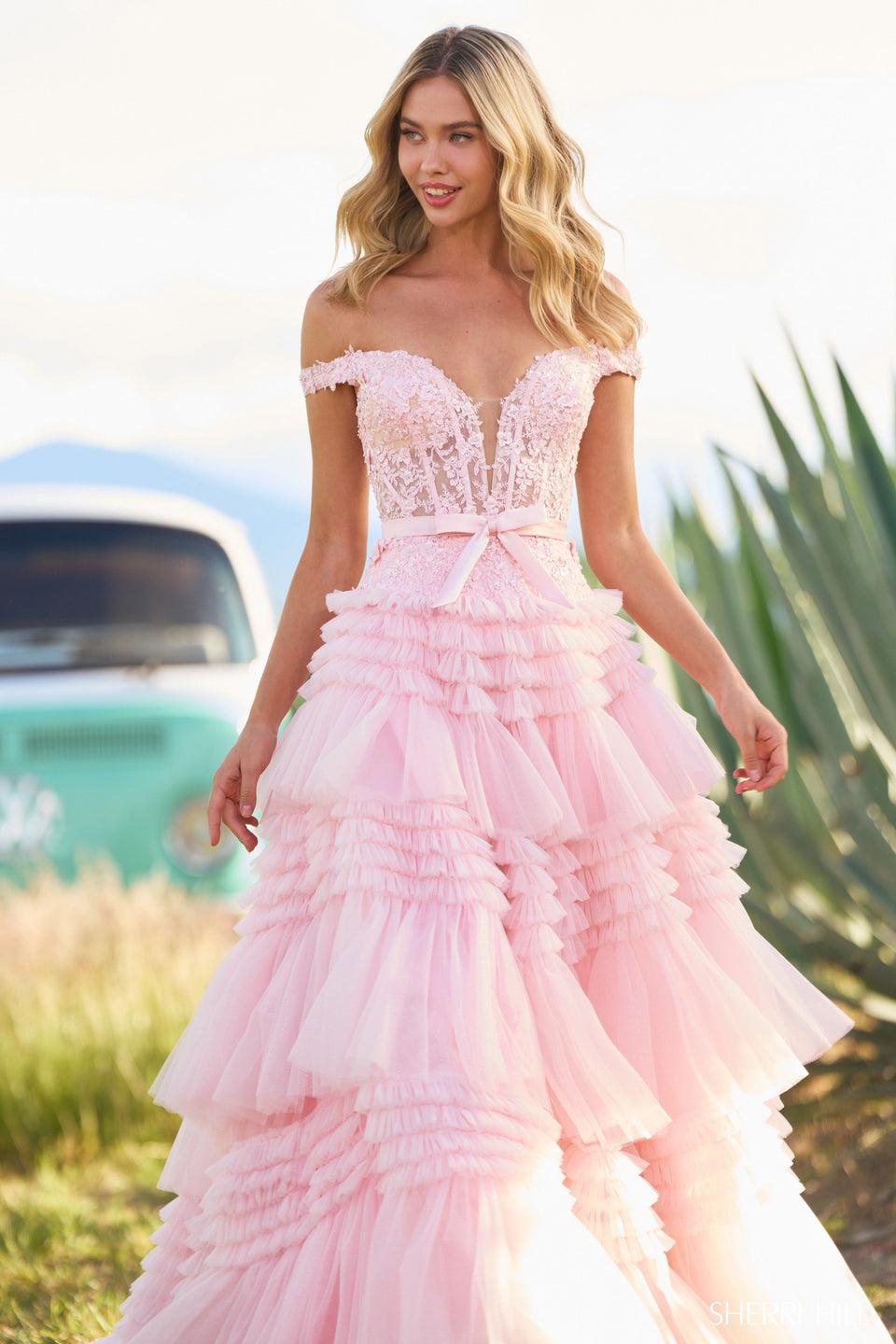 Sherri Hill Tulle Ballgown With Tiered Ruffle Skirt Lace Corset Bodice With Bow Deep V Illusion Neckline And Off The Shoulder Sleeves
