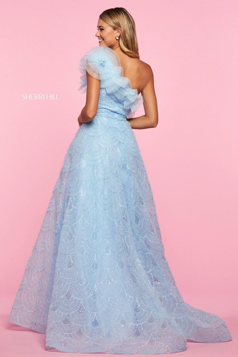 Sherri Hill Tulle Embroidered Organza Ball Gown With Sequins And Beading With A One Shoulder Neckline Decorated With Accordian Tulle Appliques