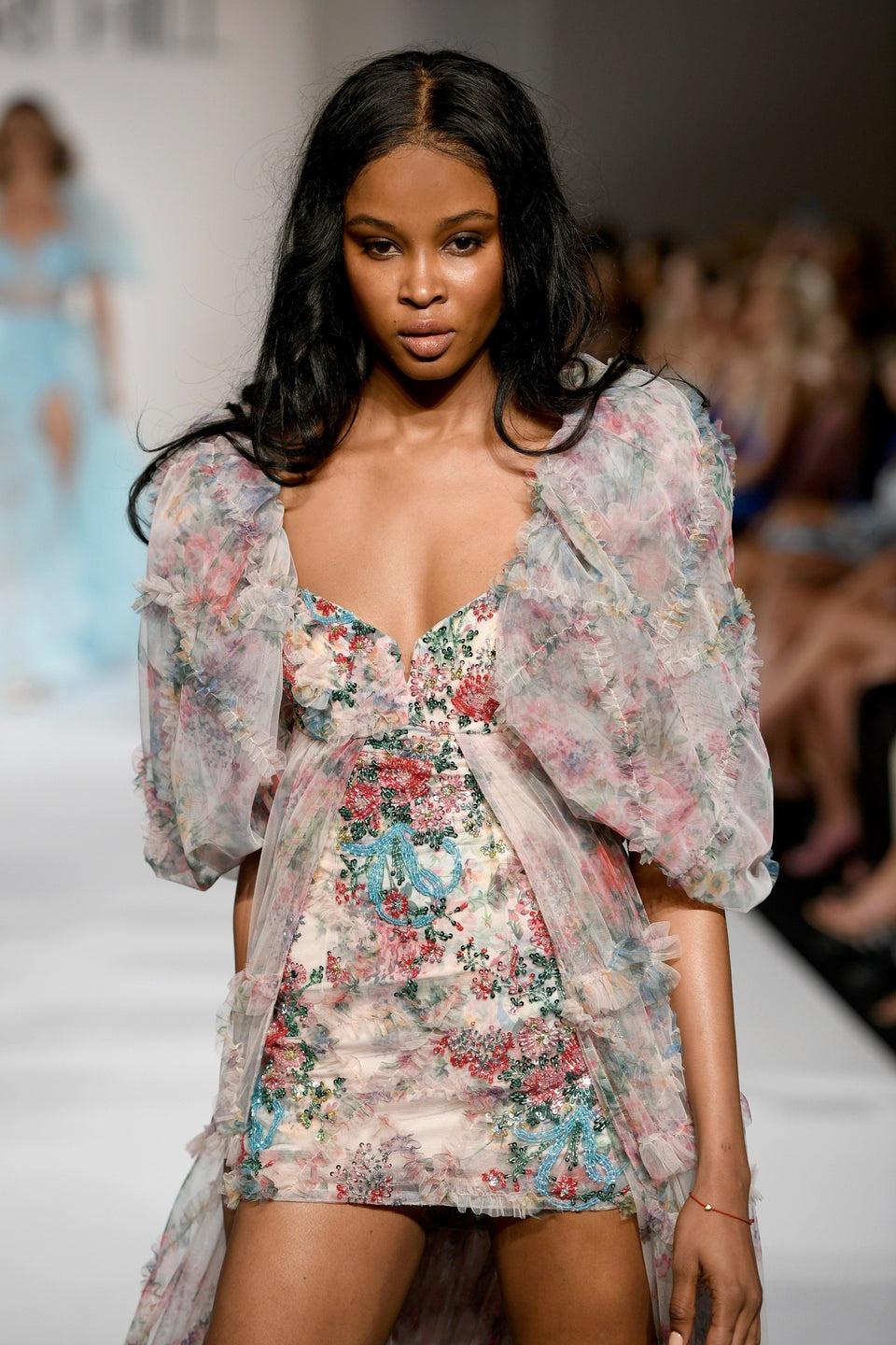 Sherri Hill Tulle Floral Print Cocktail Dress With Beaded Embellishments Ballon Sleeves And A Ruffle Embellished Overskirt