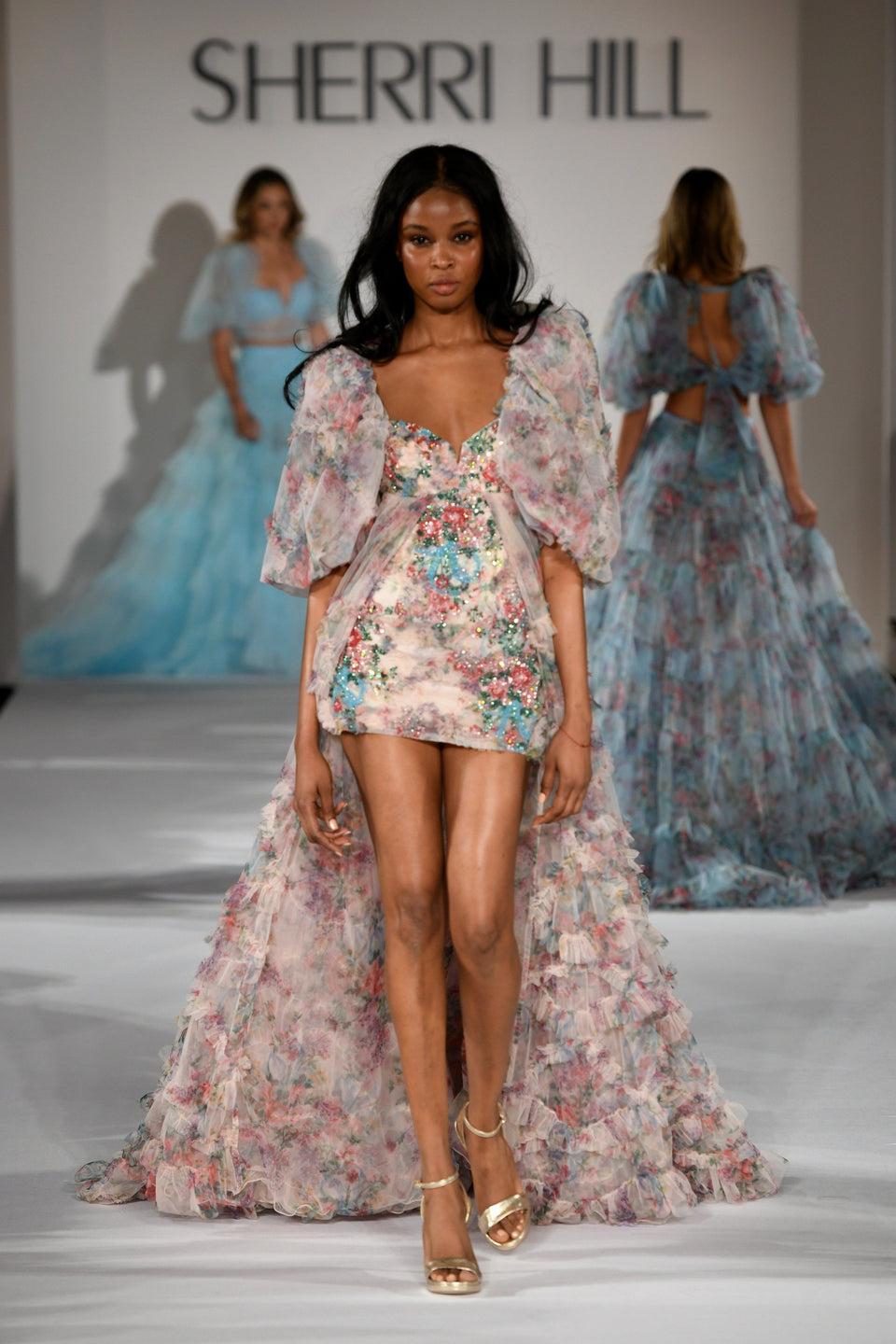 Sherri Hill Tulle Floral Print Cocktail Dress With Beaded Embellishments Ballon Sleeves And A Ruffle Embellished Overskirt