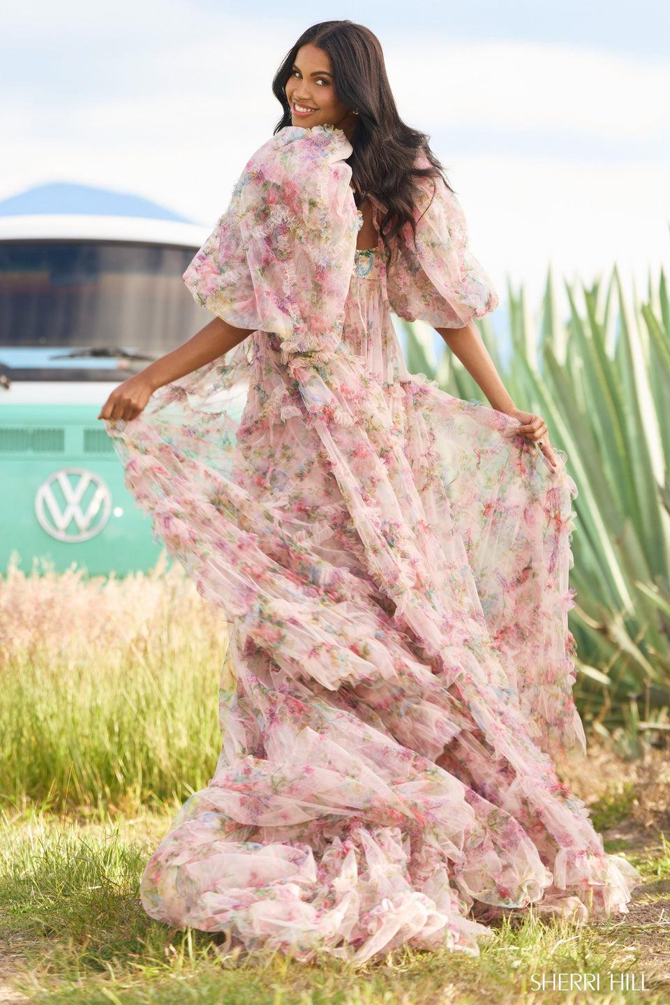 Sherri Hill Tulle Floral Print Cocktail Dress With Beaded Embellishments Ballon Sleeves And A Ruffle Embellished Overskirt