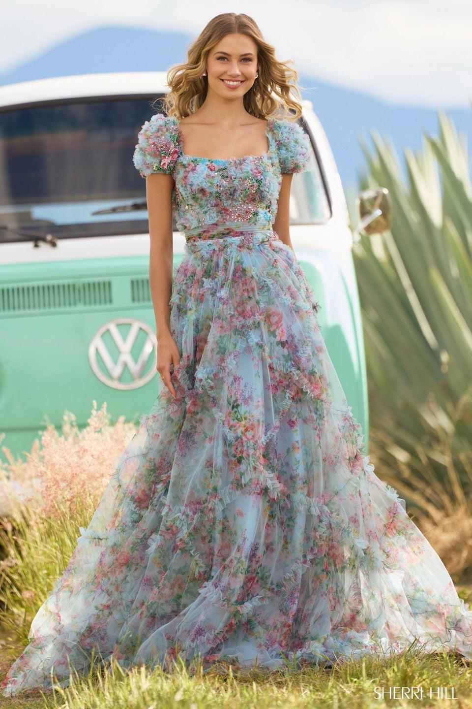 Sherri Hill Tulle Floral Print Gown With A Bead Embellished Bodice Ruffle Embellishments On Skirt And Cap Sleeves