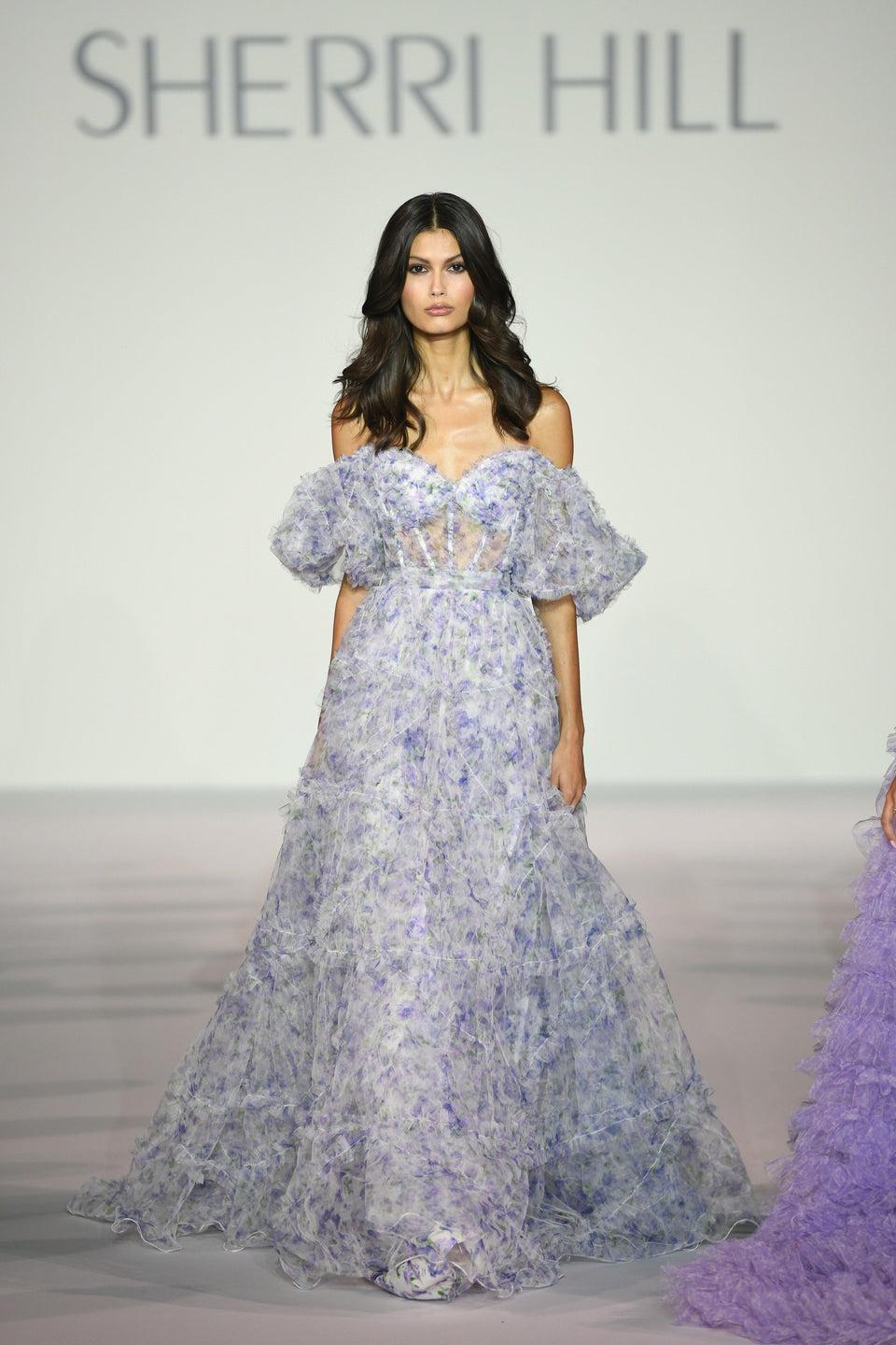 Sherri Hill Tulle Floral Print Gown With Sheer Corset Bodice Ruffle Embellishments And Ballon Sleeves