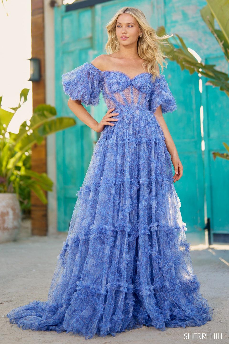 Sherri Hill Tulle Floral Print Gown With Sheer Corset Bodice Ruffle Embellishments And Ballon Sleeves